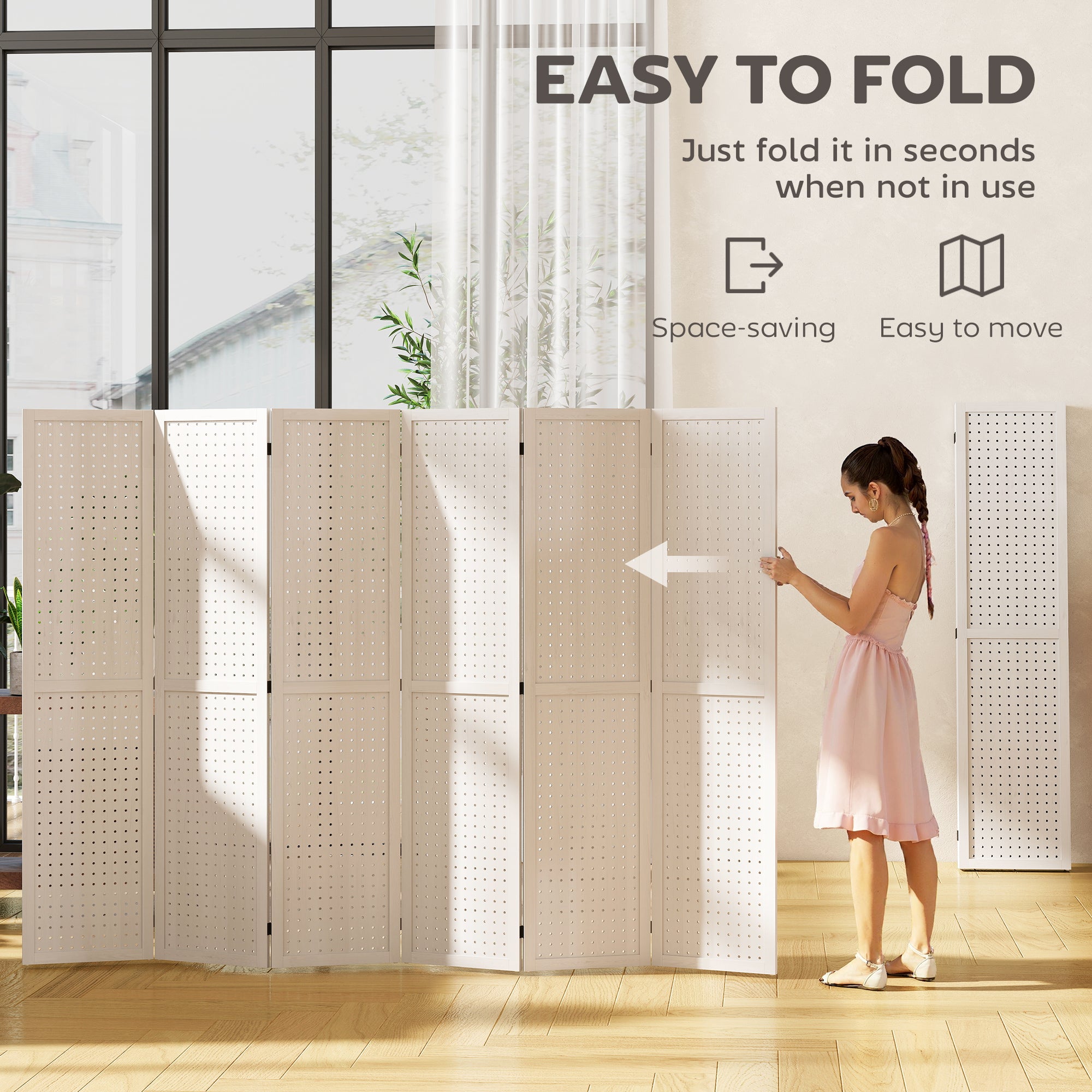 5.6 Ft. Tall 6-Panel Room Divider, Pegboard Panel Folding Privacy Screen, Partition Wall Divider for Bedroom, White-Home Furnishings > Living Room Furniture > Room Dividers-DECOROLALA