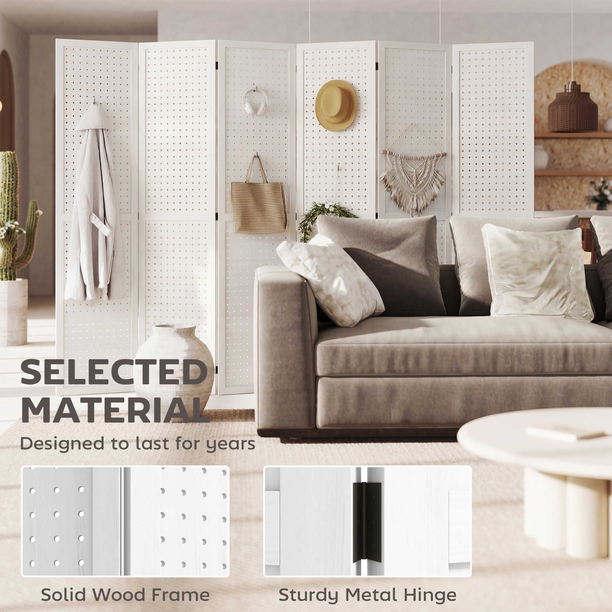5.6 Ft. Tall 6-Panel Room Divider, Pegboard Panel Folding Privacy Screen, Partition Wall Divider for Bedroom, White-Home Furnishings > Living Room Furniture > Room Dividers-DECOROLALA