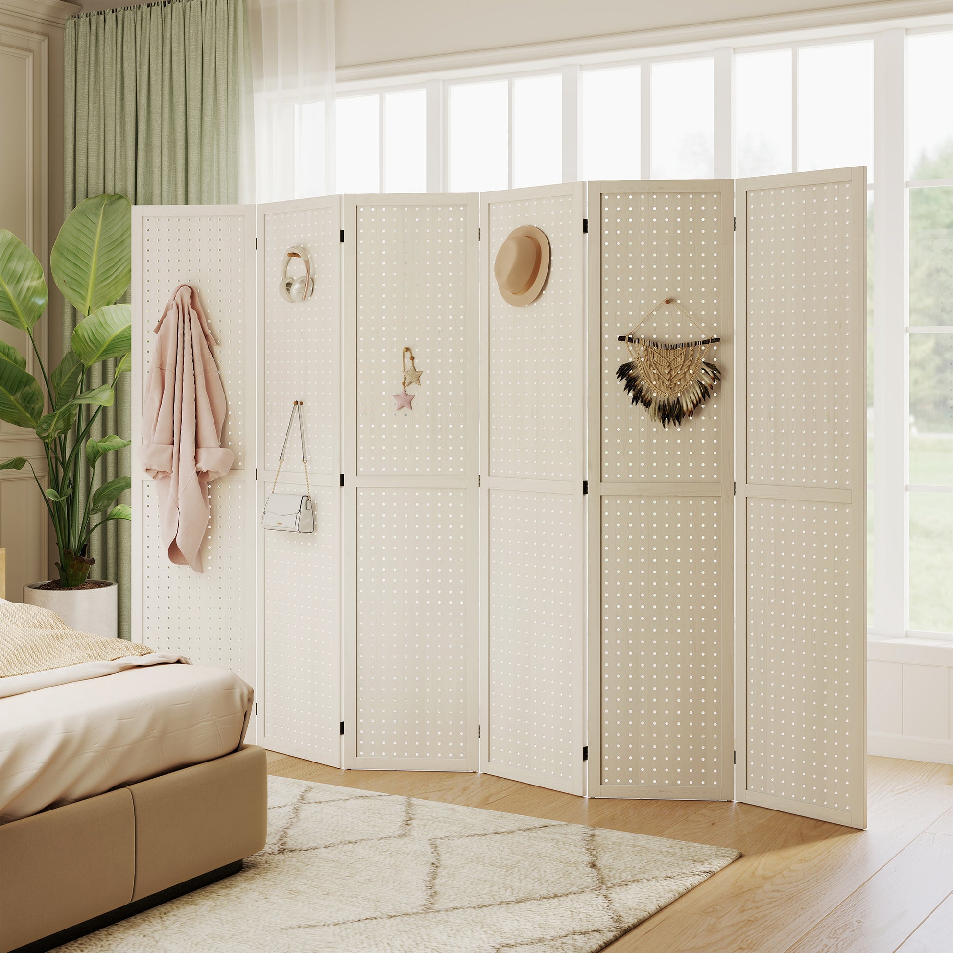5.6 Ft. Tall 6-Panel Room Divider, Pegboard Panel Folding Privacy Screen, Partition Wall Divider for Bedroom, White-Home Furnishings > Living Room Furniture > Room Dividers-DECOROLALA