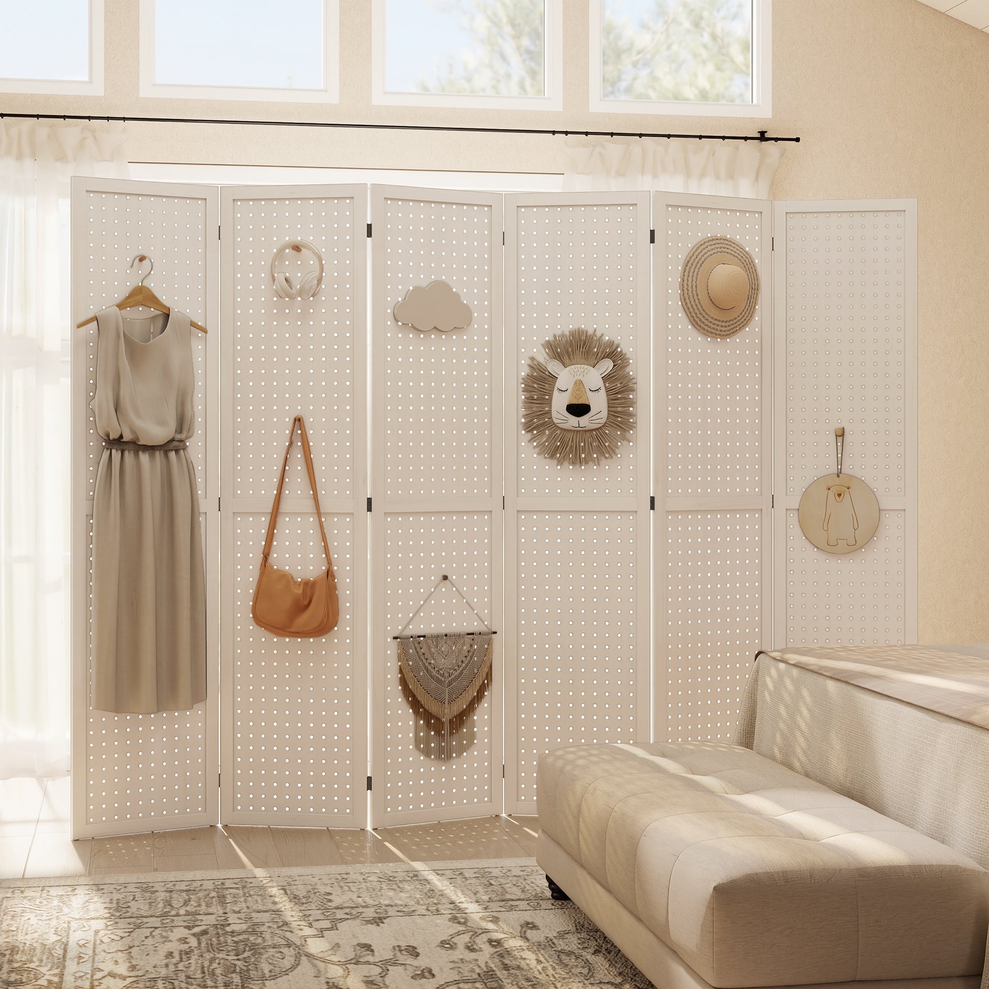 5.6 Ft. Tall 6-Panel Room Divider, Pegboard Panel Folding Privacy Screen, Partition Wall Divider for Bedroom, White-Home Furnishings > Living Room Furniture > Room Dividers-DECOROLALA