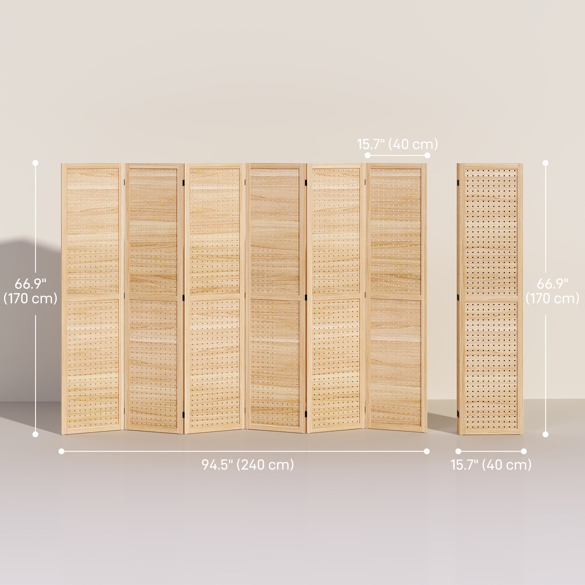 5.6 Ft. Tall 6-Panel Room Divider, Pegboard Panel Freestanding Folding Privacy Screen Panels, Partition Wall Divider for Indoor Bedroom Office, Natural-Home Furnishings > Living Room Furniture > Room Dividers-DECOROLALA