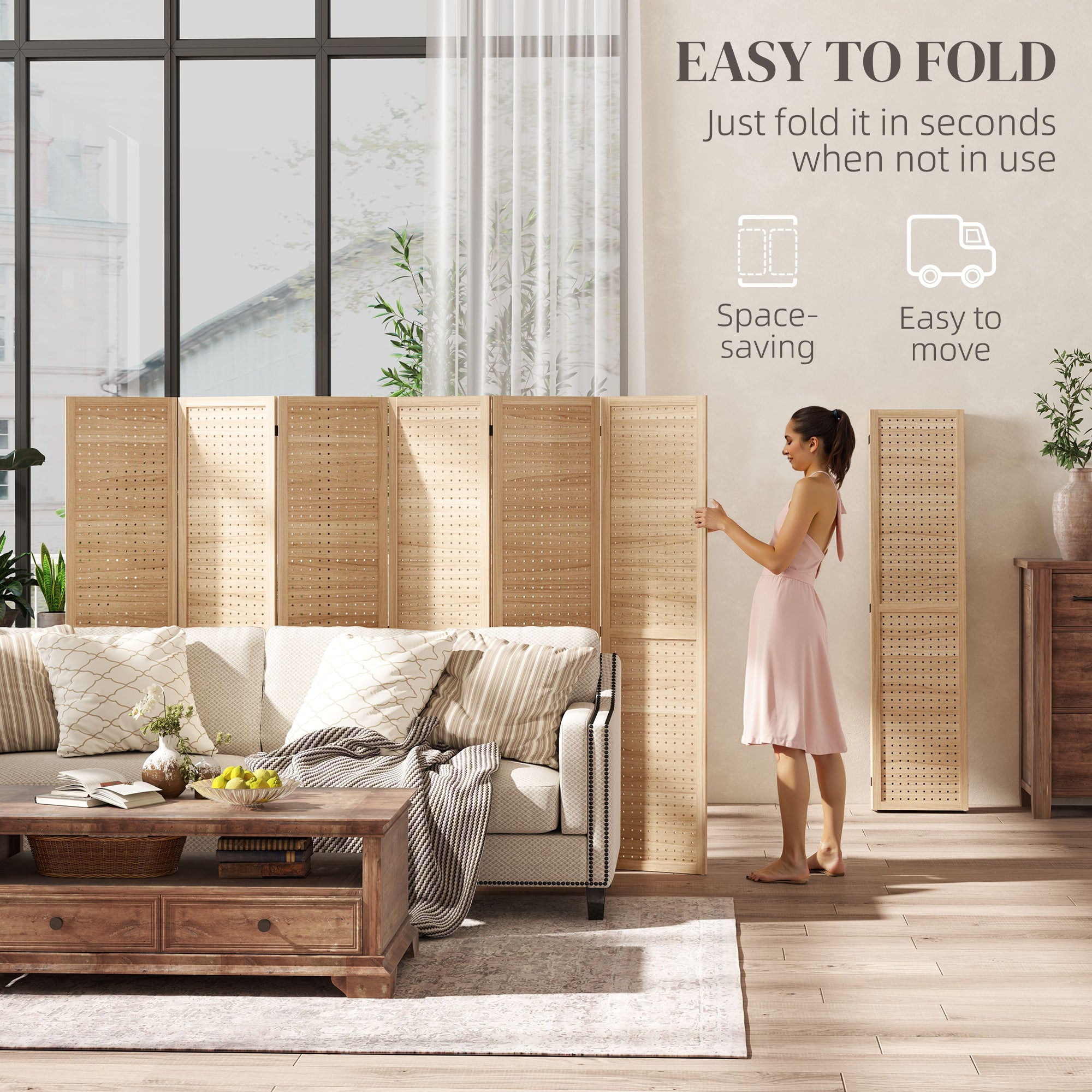 5.6 Ft. Tall 6-Panel Room Divider, Pegboard Panel Freestanding Folding Privacy Screen Panels, Partition Wall Divider for Indoor Bedroom Office, Natural-Home Furnishings > Living Room Furniture > Room Dividers-DECOROLALA