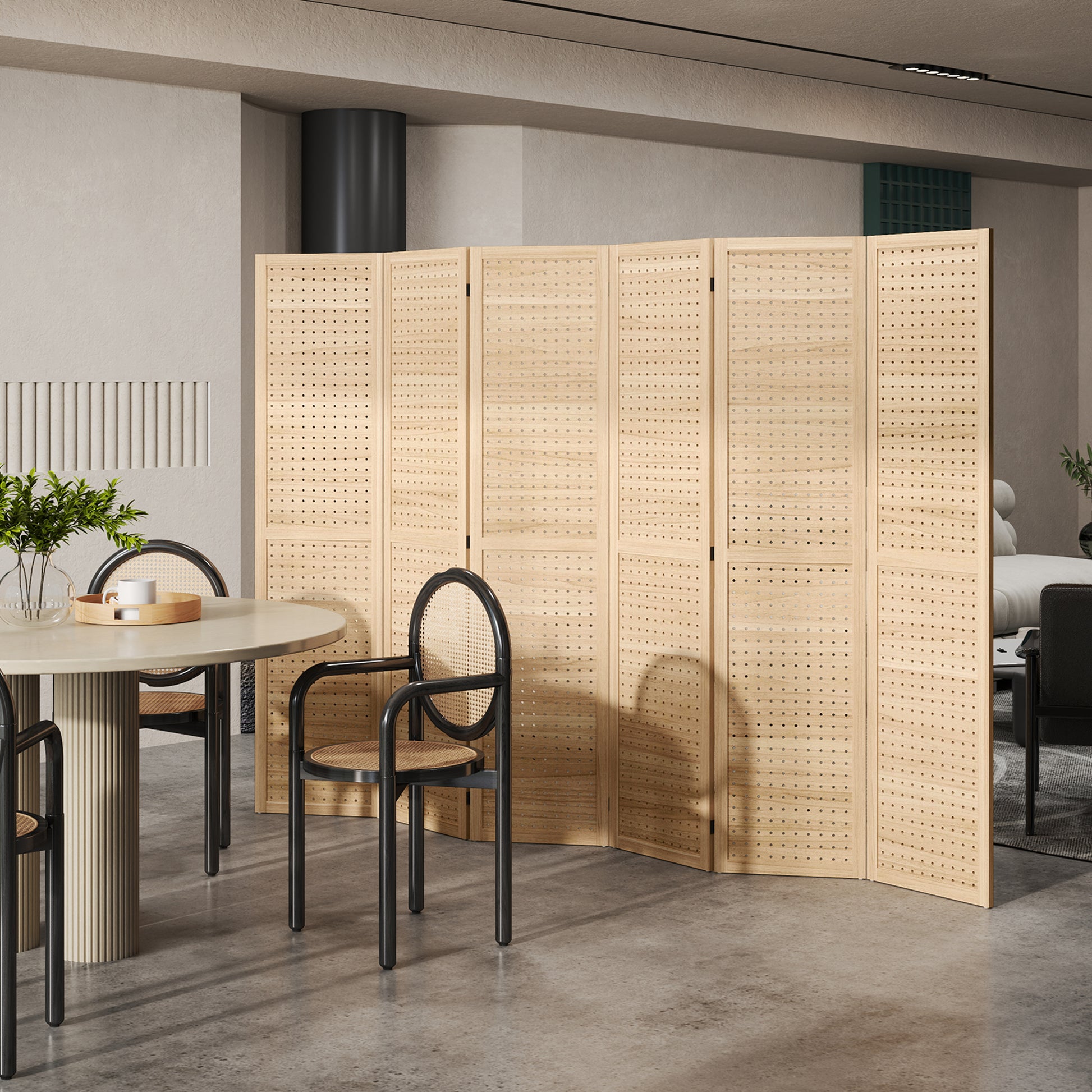 5.6 Ft. Tall 6-Panel Room Divider, Pegboard Panel Freestanding Folding Privacy Screen Panels, Partition Wall Divider for Indoor Bedroom Office, Natural-Home Furnishings > Living Room Furniture > Room Dividers-DECOROLALA