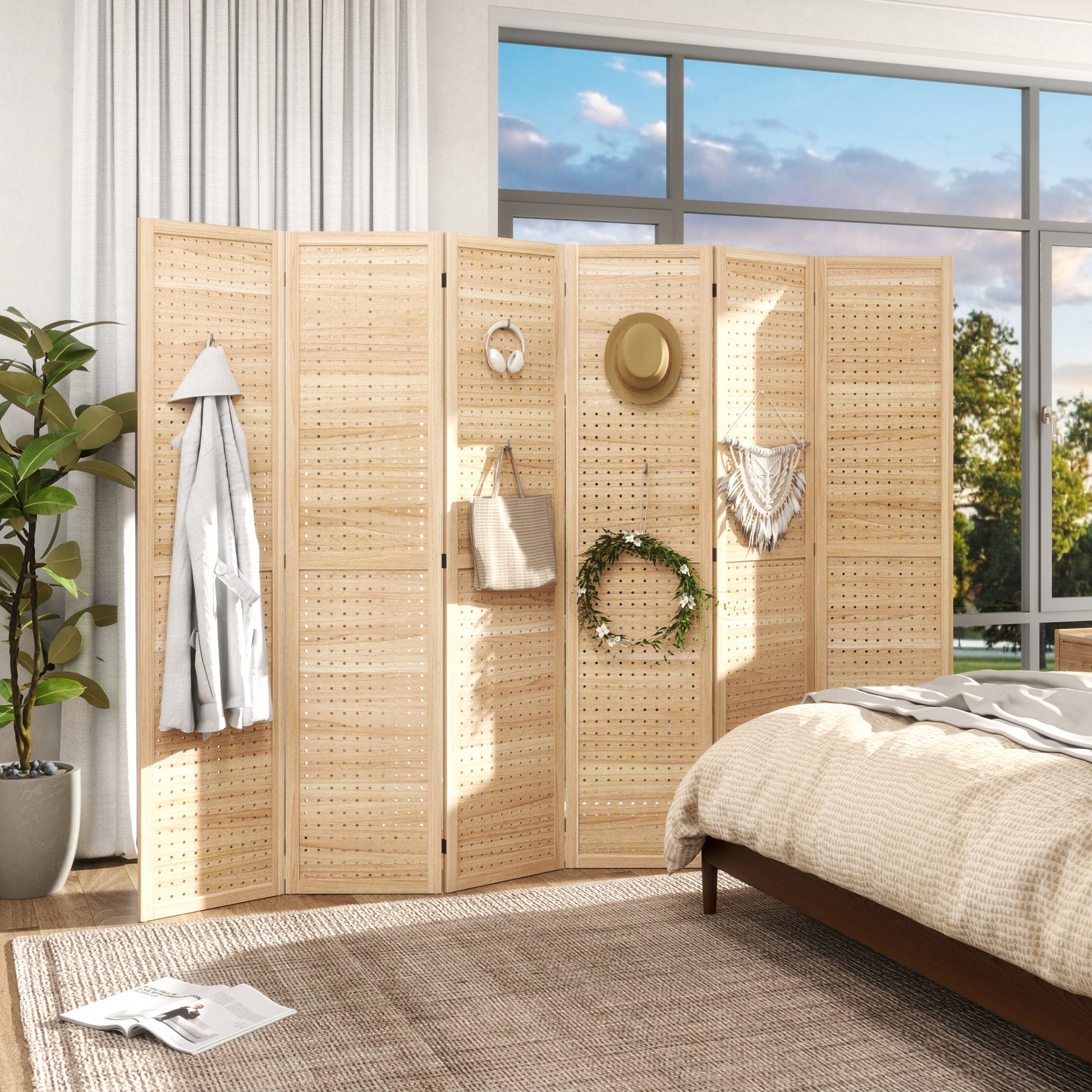 5.6 Ft. Tall 6-Panel Room Divider, Pegboard Panel Freestanding Folding Privacy Screen Panels, Partition Wall Divider for Indoor Bedroom Office, Natural-Home Furnishings > Living Room Furniture > Room Dividers-DECOROLALA