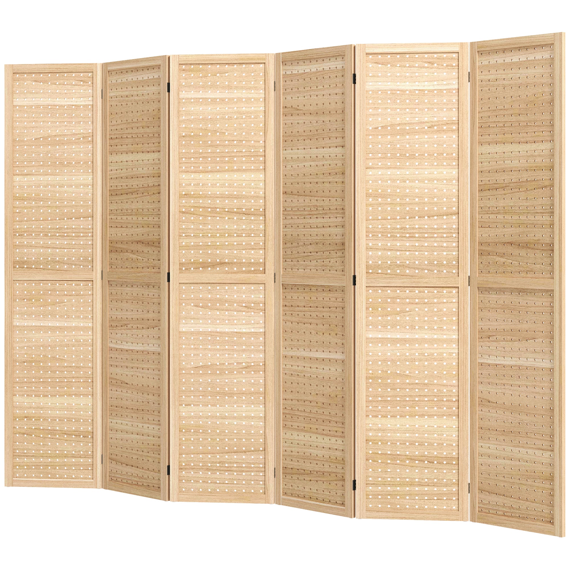 5.6 Ft. Tall 6-Panel Room Divider, Pegboard Panel Freestanding Folding Privacy Screen Panels, Partition Wall Divider for Indoor Bedroom Office, Natural-Home Furnishings > Living Room Furniture > Room Dividers-DECOROLALA