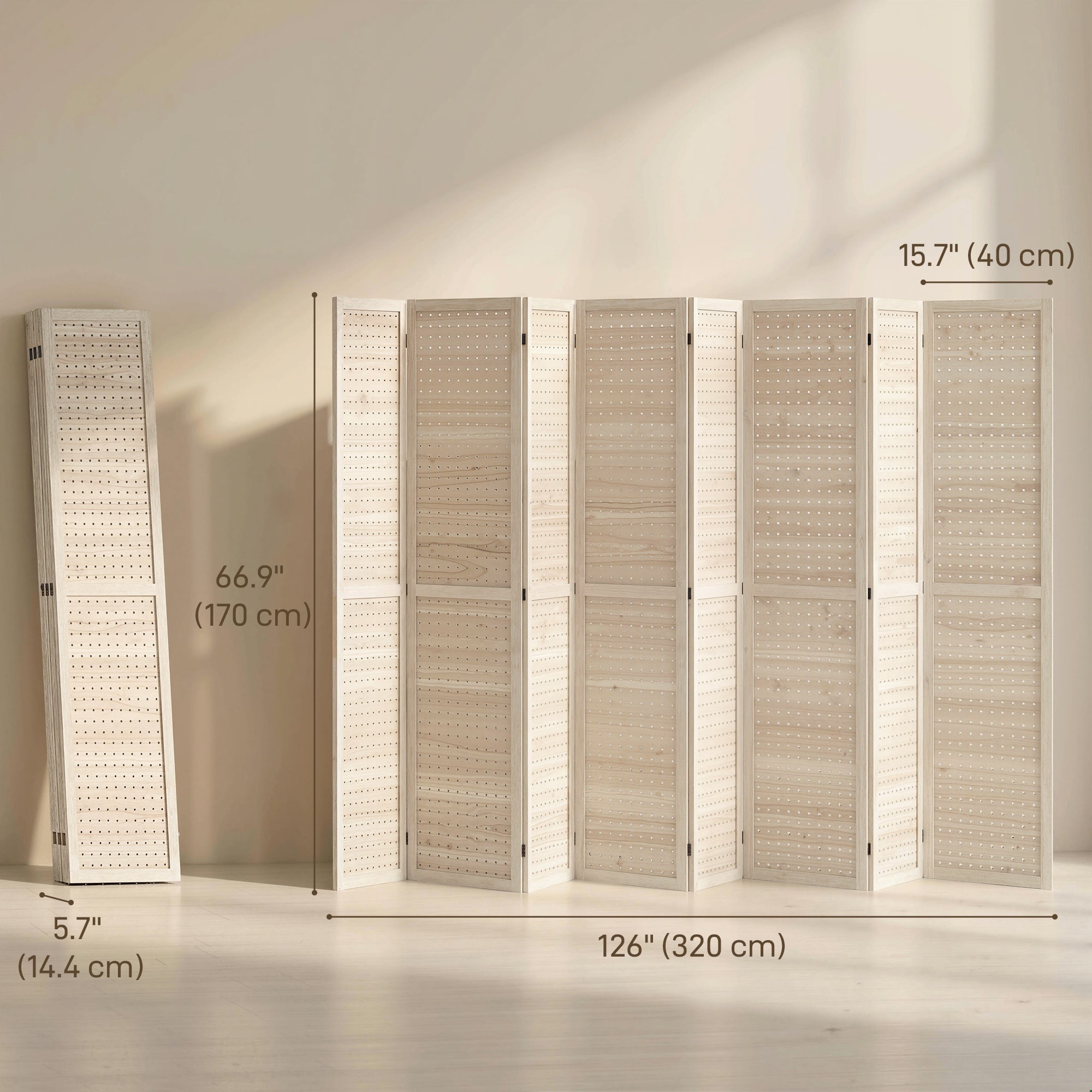 5.6 Ft. Tall 8-Panel Room Divider, Pegboard Panel Folding Privacy Screen, Partition Wall Divider for Bedroom, Natural-Home Furnishings > Living Room Furniture > Room Dividers-DECOROLALA