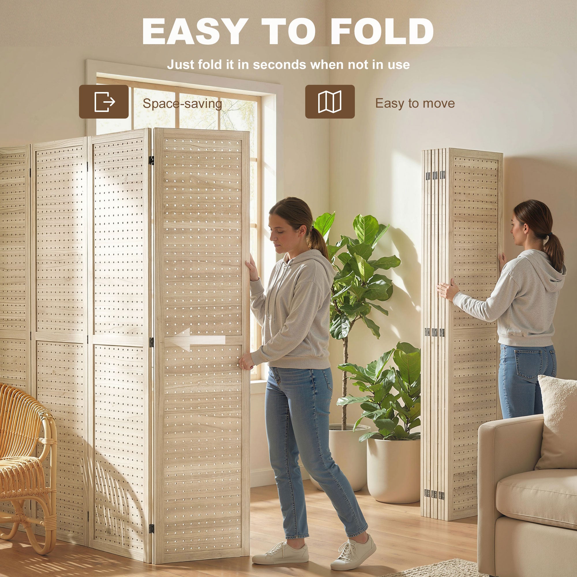 5.6 Ft. Tall 8-Panel Room Divider, Pegboard Panel Folding Privacy Screen, Partition Wall Divider for Bedroom, Natural-Home Furnishings > Living Room Furniture > Room Dividers-DECOROLALA
