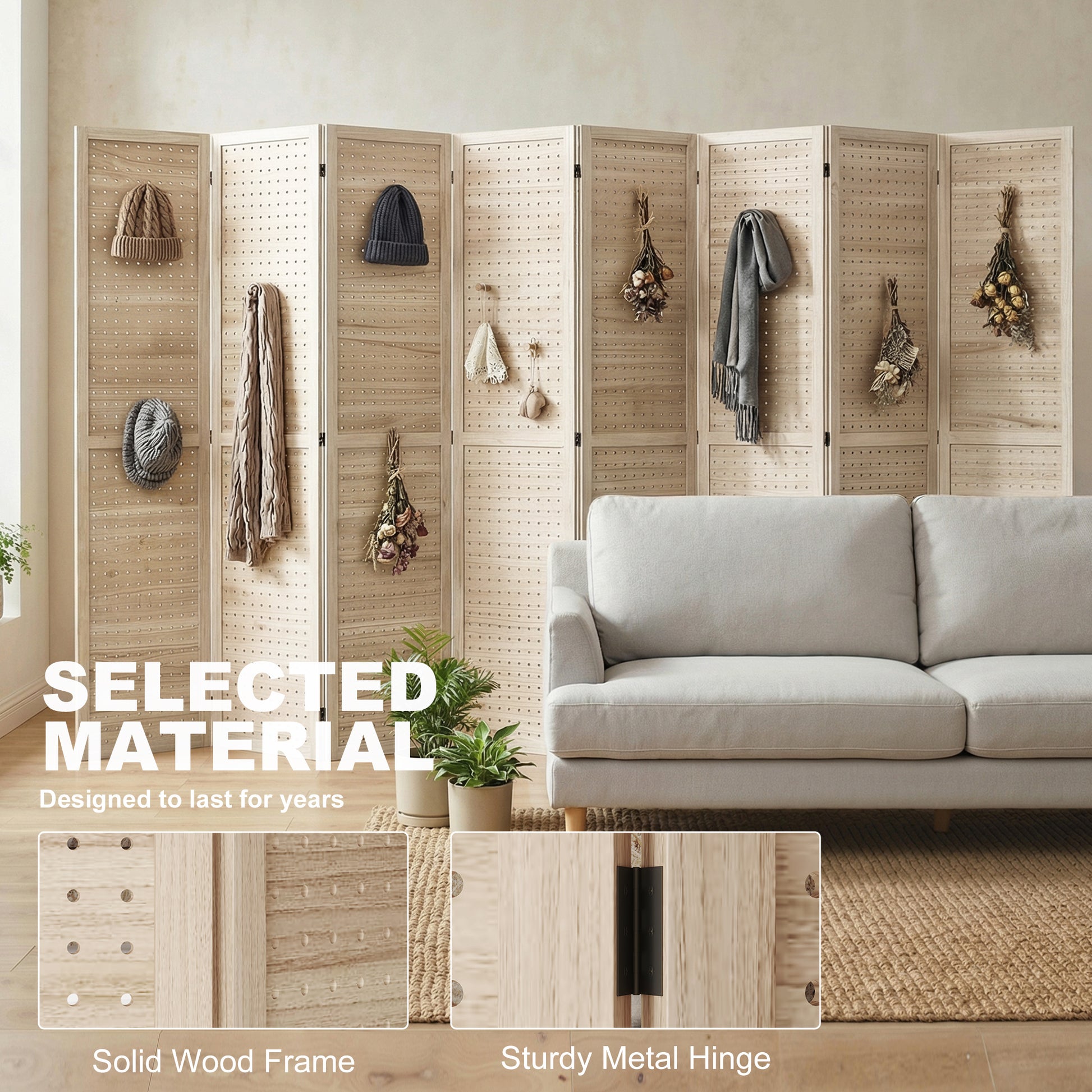5.6 Ft. Tall 8-Panel Room Divider, Pegboard Panel Folding Privacy Screen, Partition Wall Divider for Bedroom, Natural-Home Furnishings > Living Room Furniture > Room Dividers-DECOROLALA