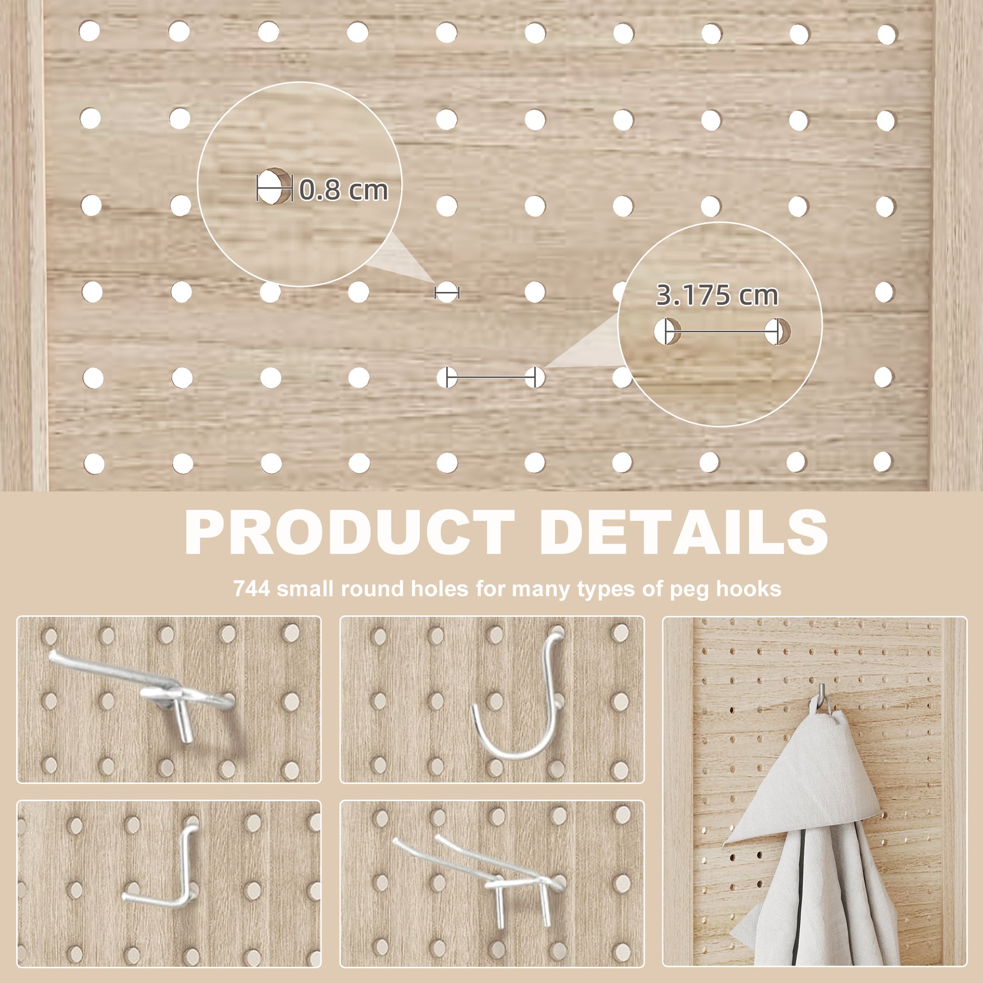 5.6 Ft. Tall 8-Panel Room Divider, Pegboard Panel Folding Privacy Screen, Partition Wall Divider for Bedroom, Natural-Home Furnishings > Living Room Furniture > Room Dividers-DECOROLALA