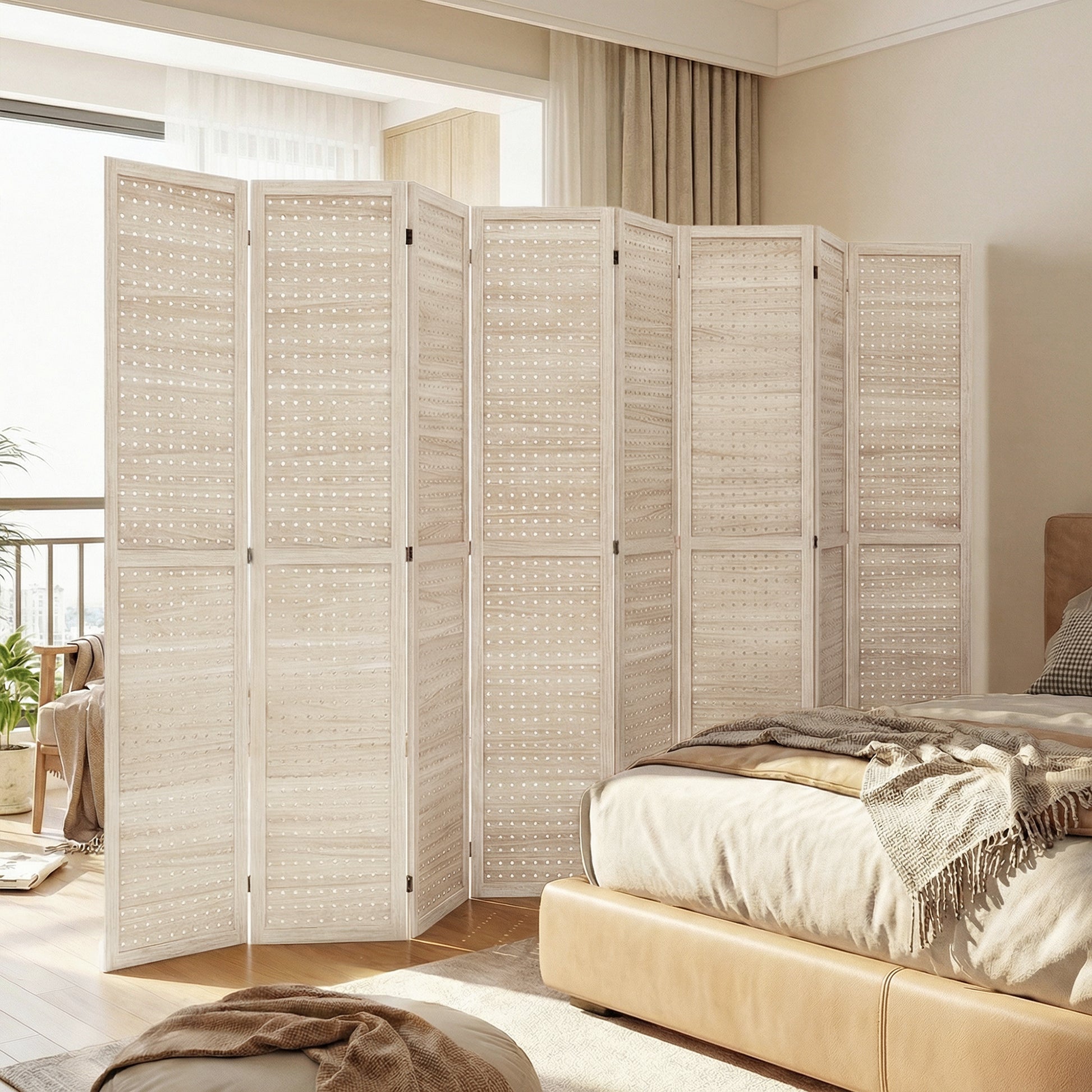 5.6 Ft. Tall 8-Panel Room Divider, Pegboard Panel Folding Privacy Screen, Partition Wall Divider for Bedroom, Natural-Home Furnishings > Living Room Furniture > Room Dividers-DECOROLALA