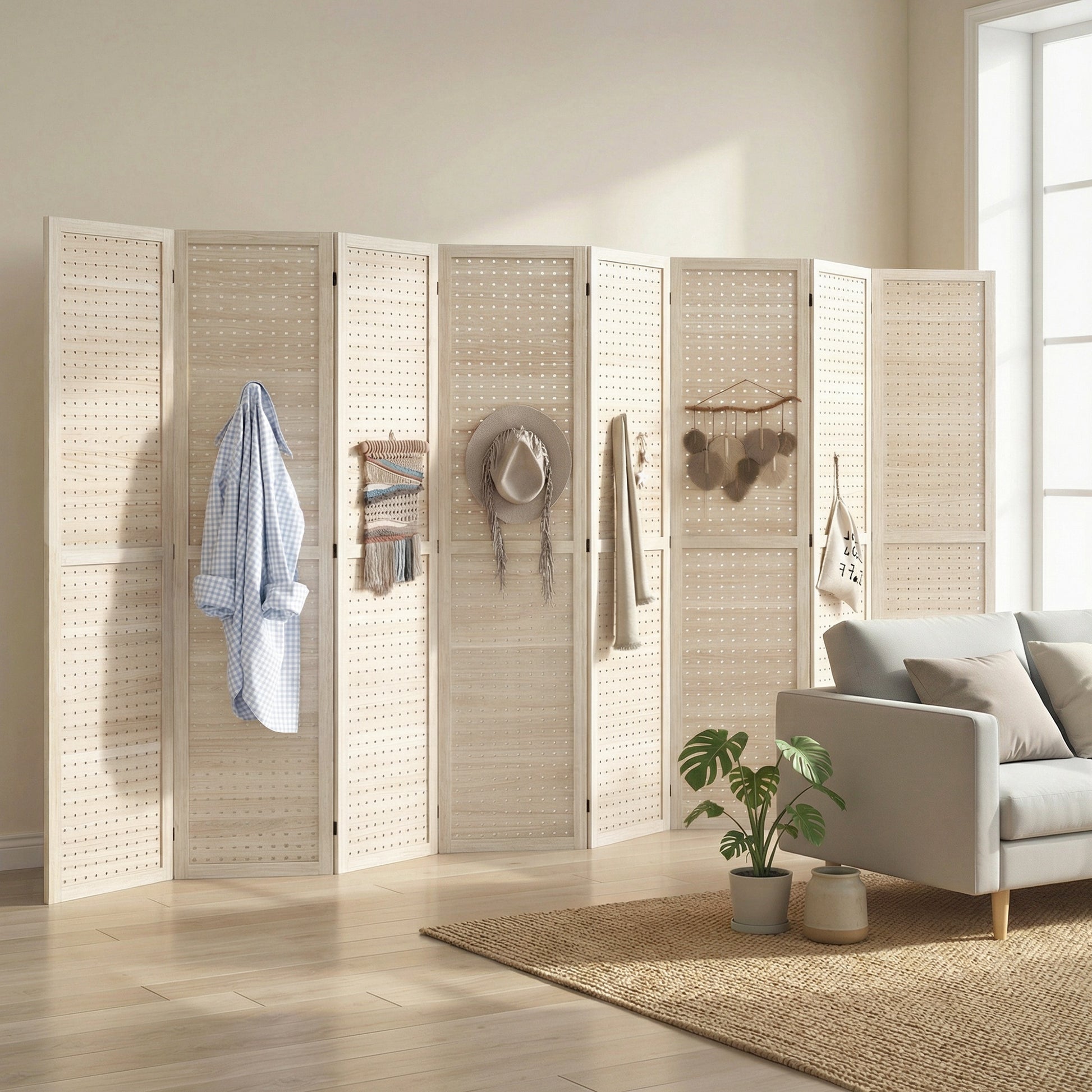 5.6 Ft. Tall 8-Panel Room Divider, Pegboard Panel Folding Privacy Screen, Partition Wall Divider for Bedroom, Natural-Home Furnishings > Living Room Furniture > Room Dividers-DECOROLALA