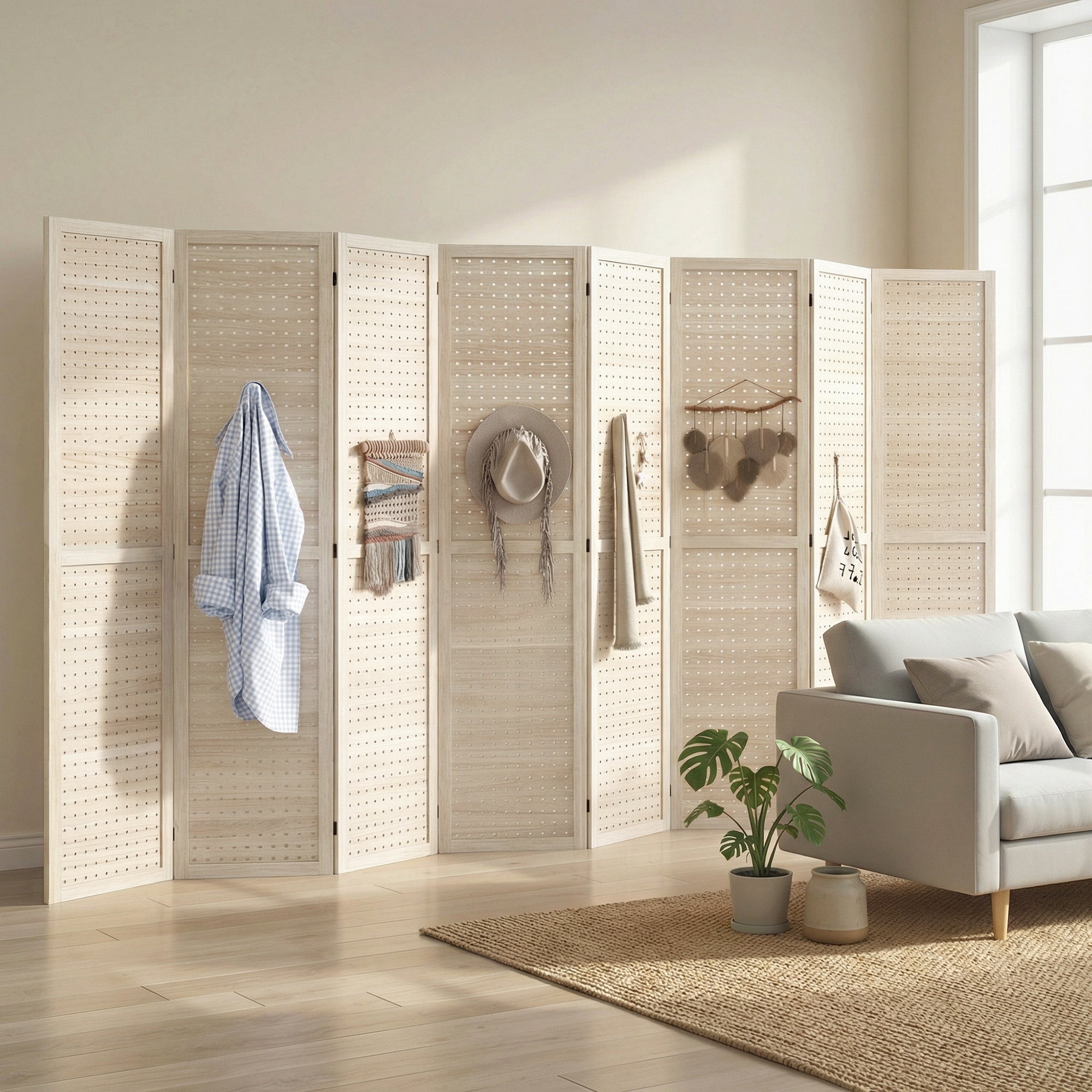 5.6 Ft. Tall 8-Panel Room Divider, Pegboard Panel Folding Privacy Screen, Partition Wall Divider for Bedroom, Natural-Home Furnishings > Living Room Furniture > Room Dividers-DECOROLALA