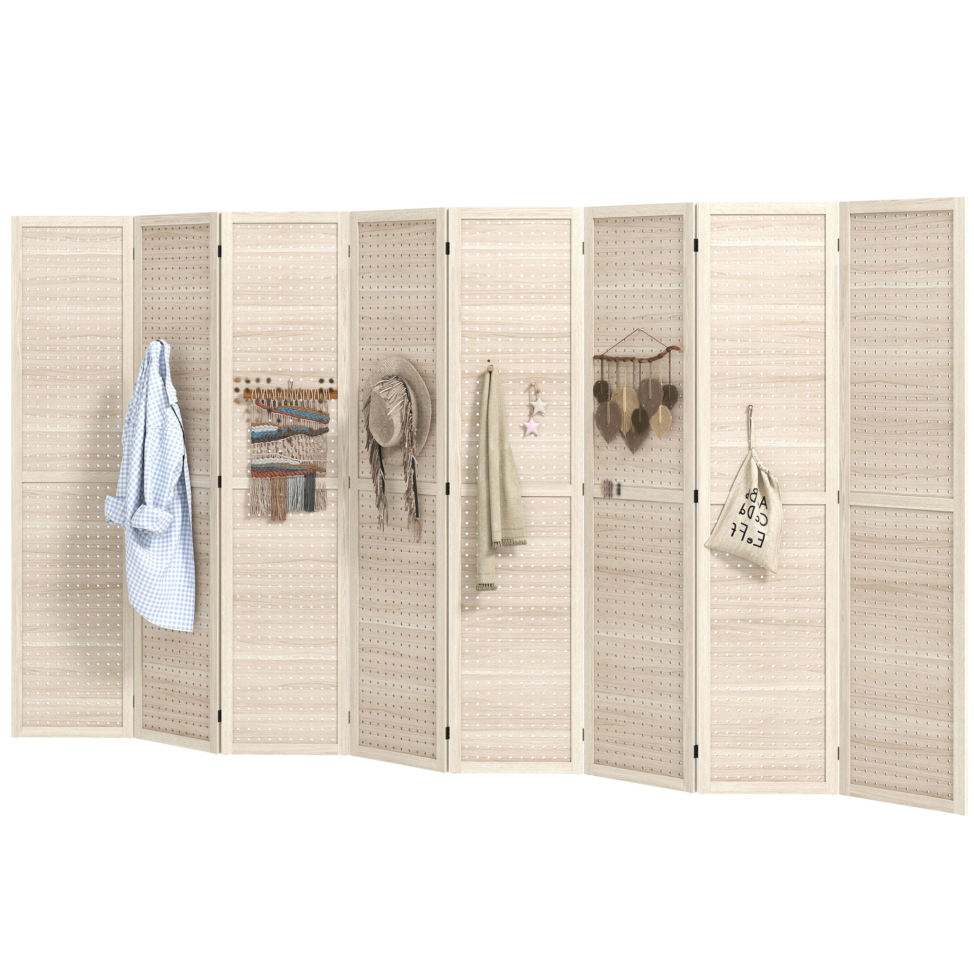 5.6 Ft. Tall 8-Panel Room Divider, Pegboard Panel Folding Privacy Screen, Partition Wall Divider for Bedroom, Natural-Home Furnishings > Living Room Furniture > Room Dividers-DECOROLALA
