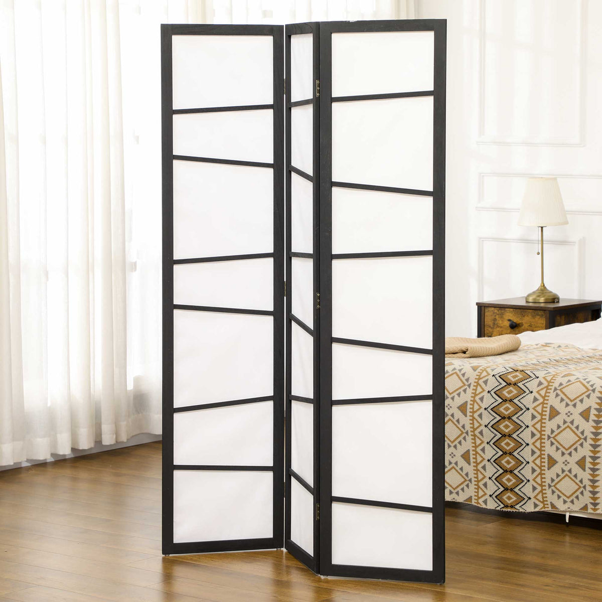 5.6ft Folding Room Divider - 3 Panel Wood Privacy Screen White-Home Furnishings > Living Room Furniture > Room Dividers-DECOROLALA