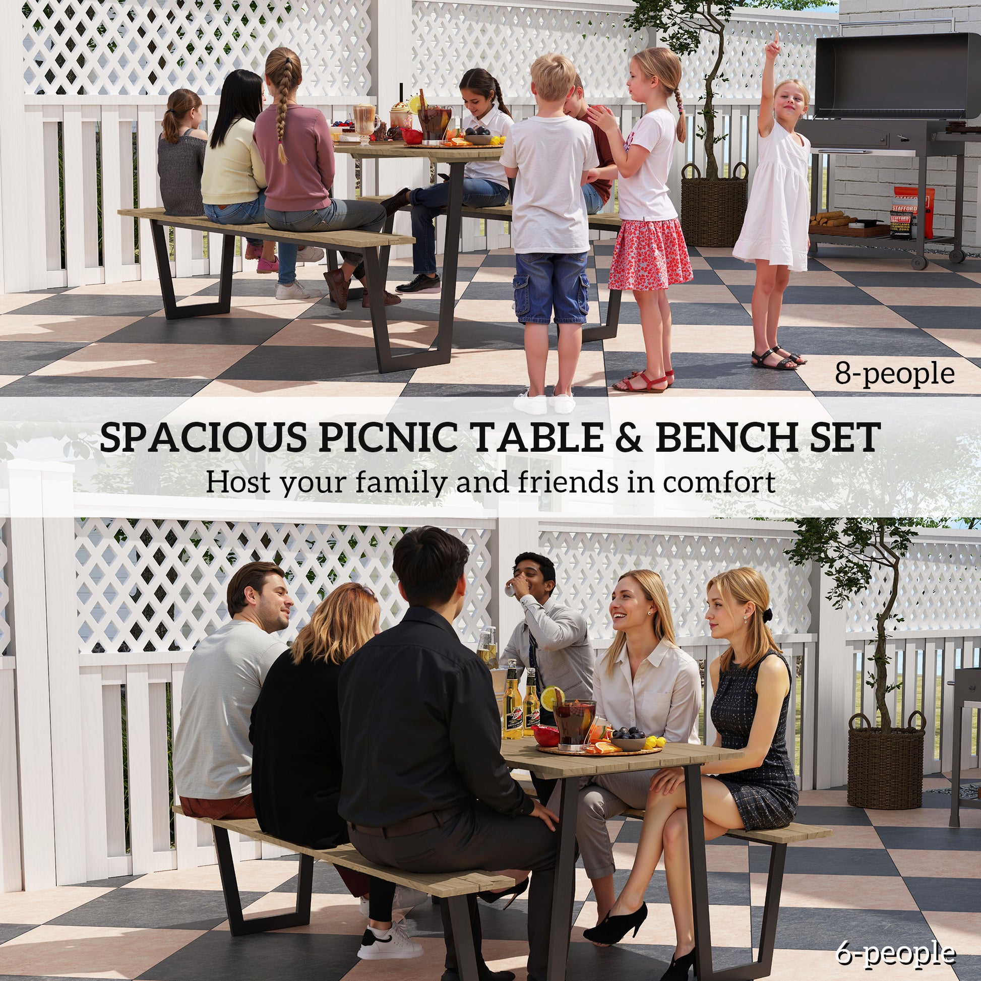 5.7 FT Picnic Table Set, Brown, Spruce Wood, Umbrella Hole-DECOROLALA