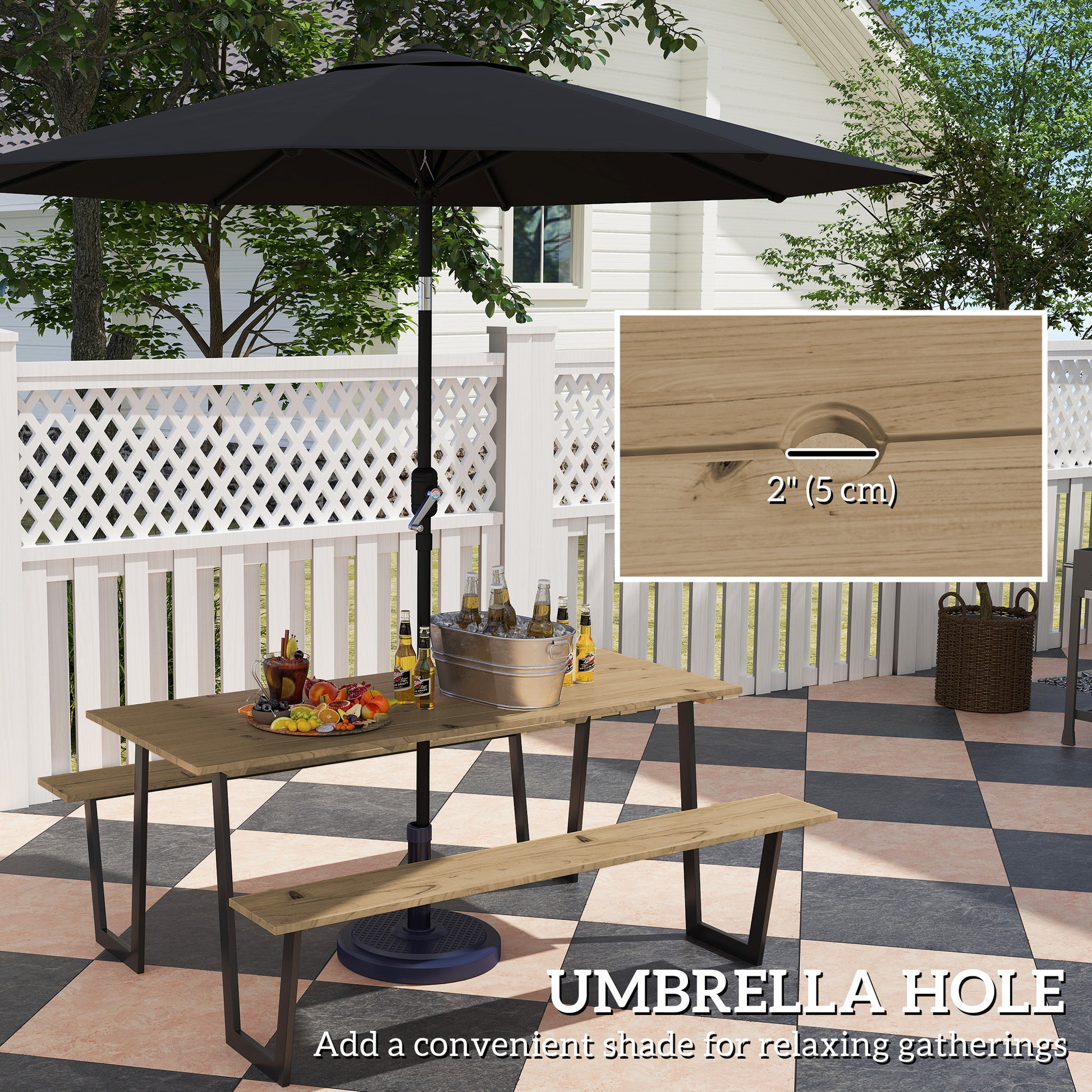 5.7 FT Picnic Table Set, Brown, Spruce Wood, Umbrella Hole-DECOROLALA