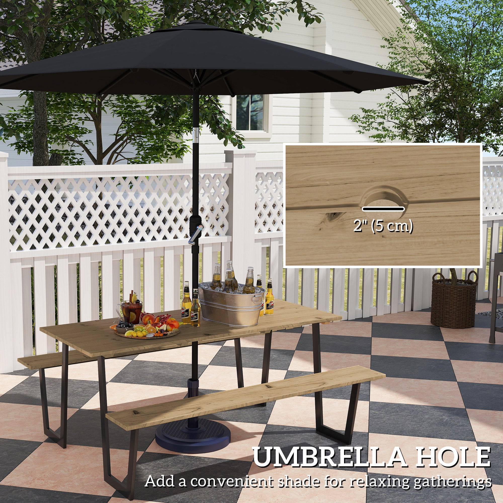 5.7 FT Picnic Table Set, Brown, Spruce Wood, Umbrella Hole-DECOROLALA