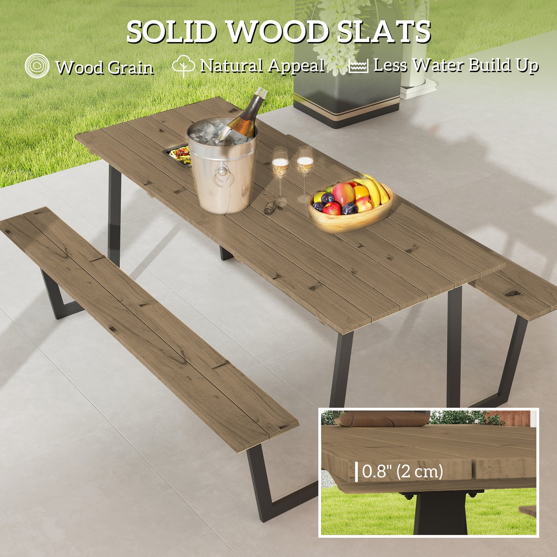 5.7 FT Picnic Table Set, Brown, Spruce Wood, Umbrella Hole-DECOROLALA