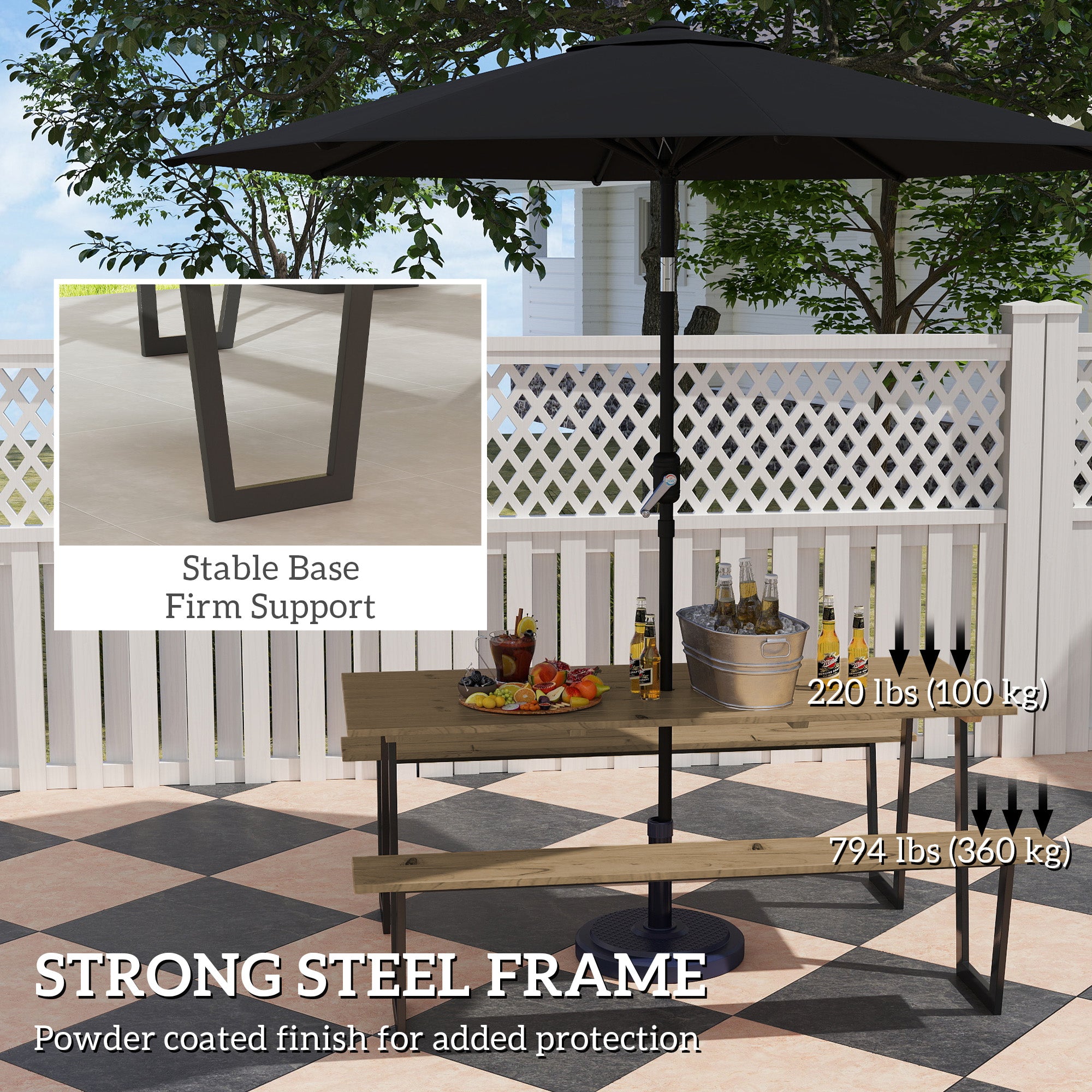 5.7 FT Picnic Table Set, Brown, Spruce Wood, Umbrella Hole-DECOROLALA