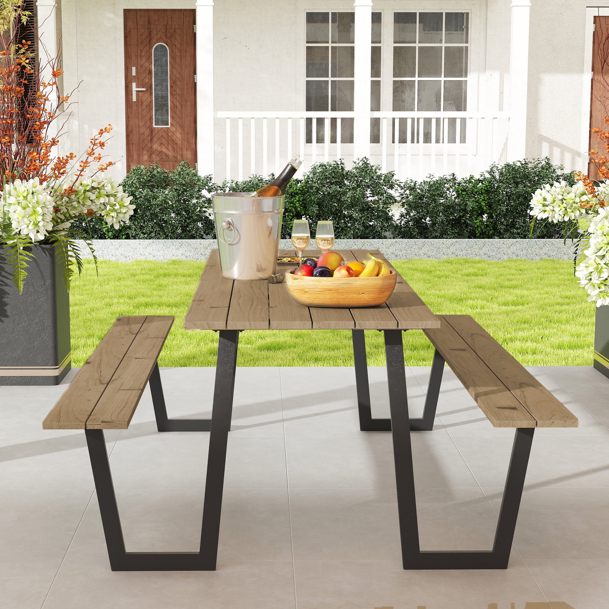 5.7 FT Picnic Table Set, Brown, Spruce Wood, Umbrella Hole-DECOROLALA