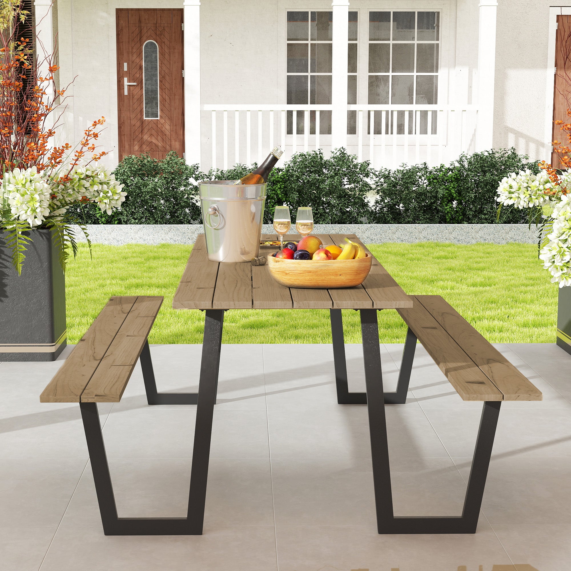 5.7 FT Picnic Table Set, Brown, Spruce Wood, Umbrella Hole-DECOROLALA