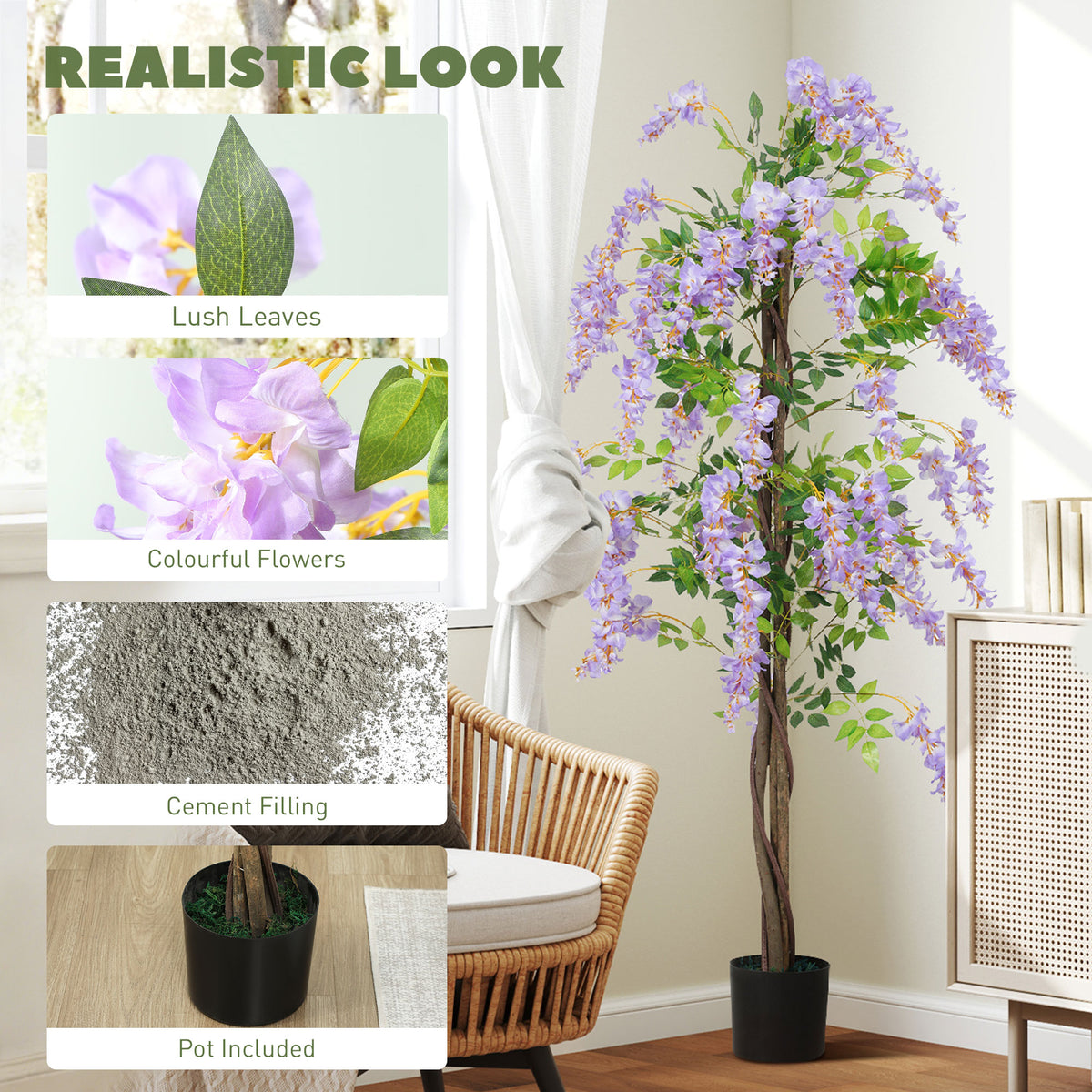 5.9FT Fake Wisteria Tree with Natural Wood Trunk, Artificial Plant in Nursery Pot, Greenery Tall Faux Floor Plant Purple-Artificial Trees-DECOROLALA