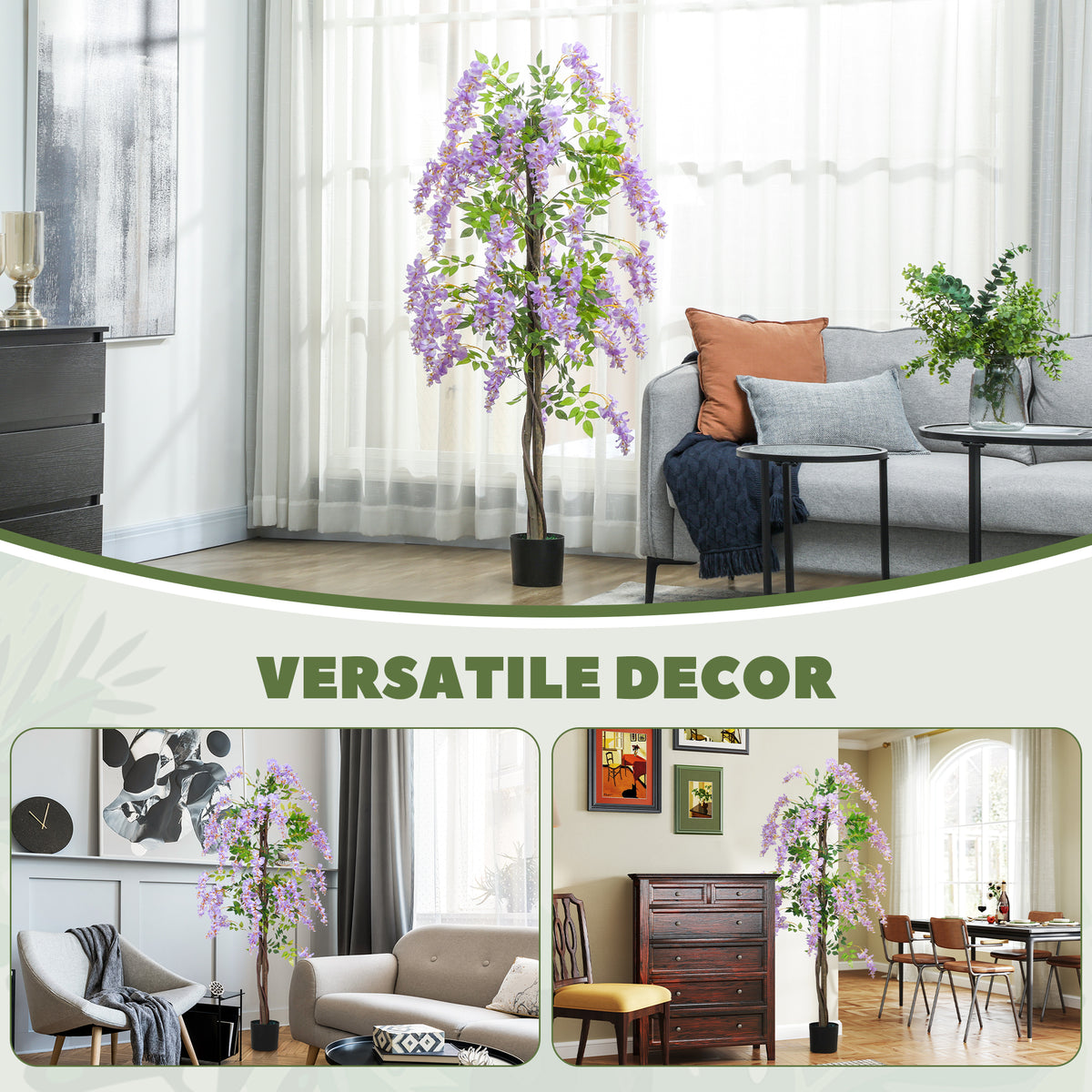 5.9FT Fake Wisteria Tree with Natural Wood Trunk, Artificial Plant in Nursery Pot, Greenery Tall Faux Floor Plant Purple-Artificial Trees-DECOROLALA