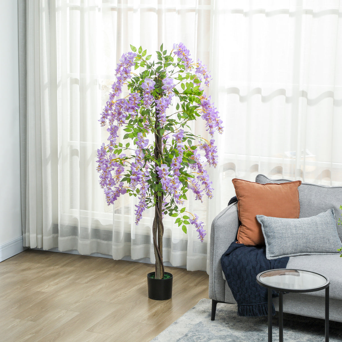 5.9FT Fake Wisteria Tree with Natural Wood Trunk, Artificial Plant in Nursery Pot, Greenery Tall Faux Floor Plant Purple-Artificial Trees-DECOROLALA