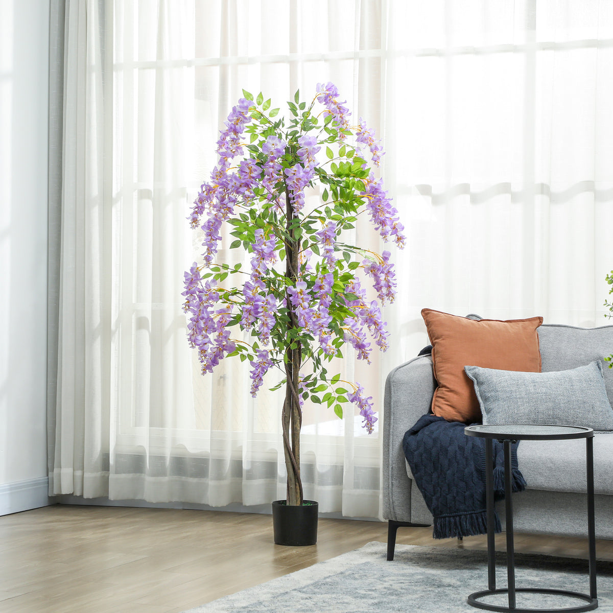 5.9FT Fake Wisteria Tree with Natural Wood Trunk, Artificial Plant in Nursery Pot, Greenery Tall Faux Floor Plant Purple-Artificial Trees-DECOROLALA