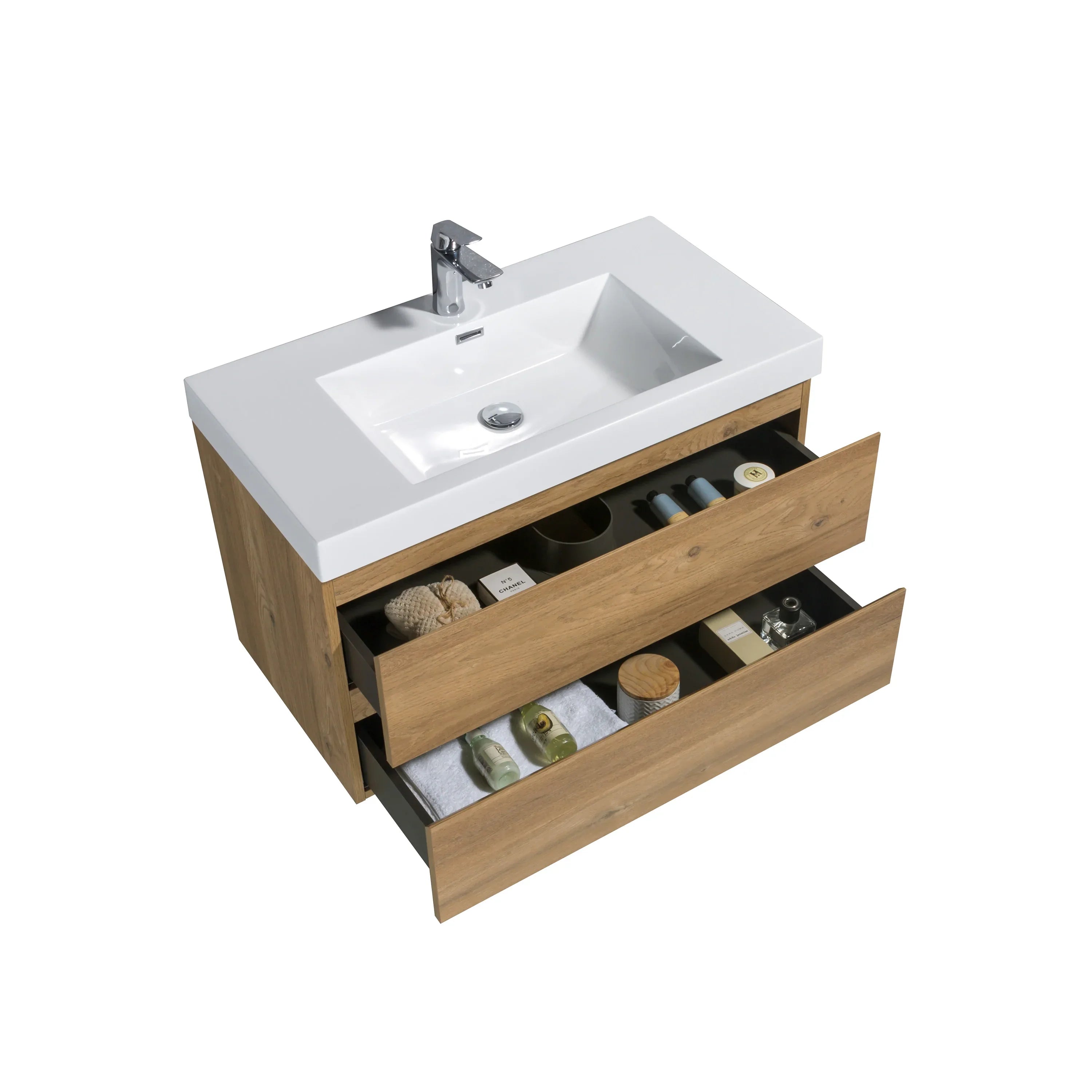 36" Rough Oak Wall Mount Bathroom Vanity with White Polymarble Countertop