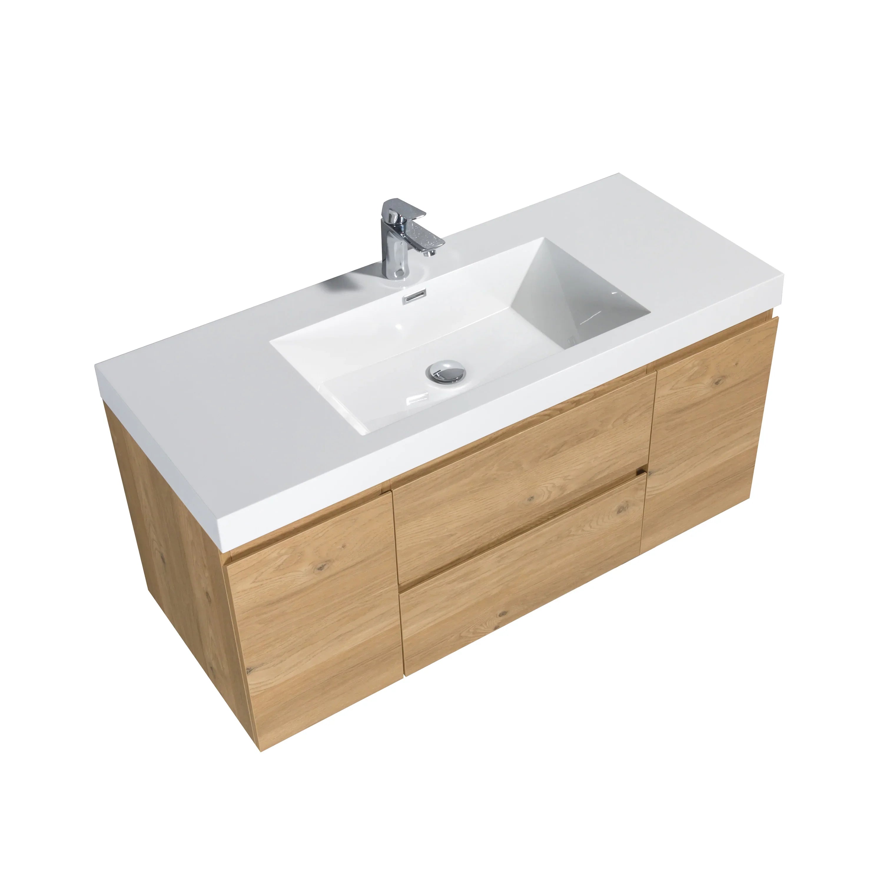 48" Rough Oak Wall Mount Single Sink Bathroom Vanity with White Polymarble Countertop - KD