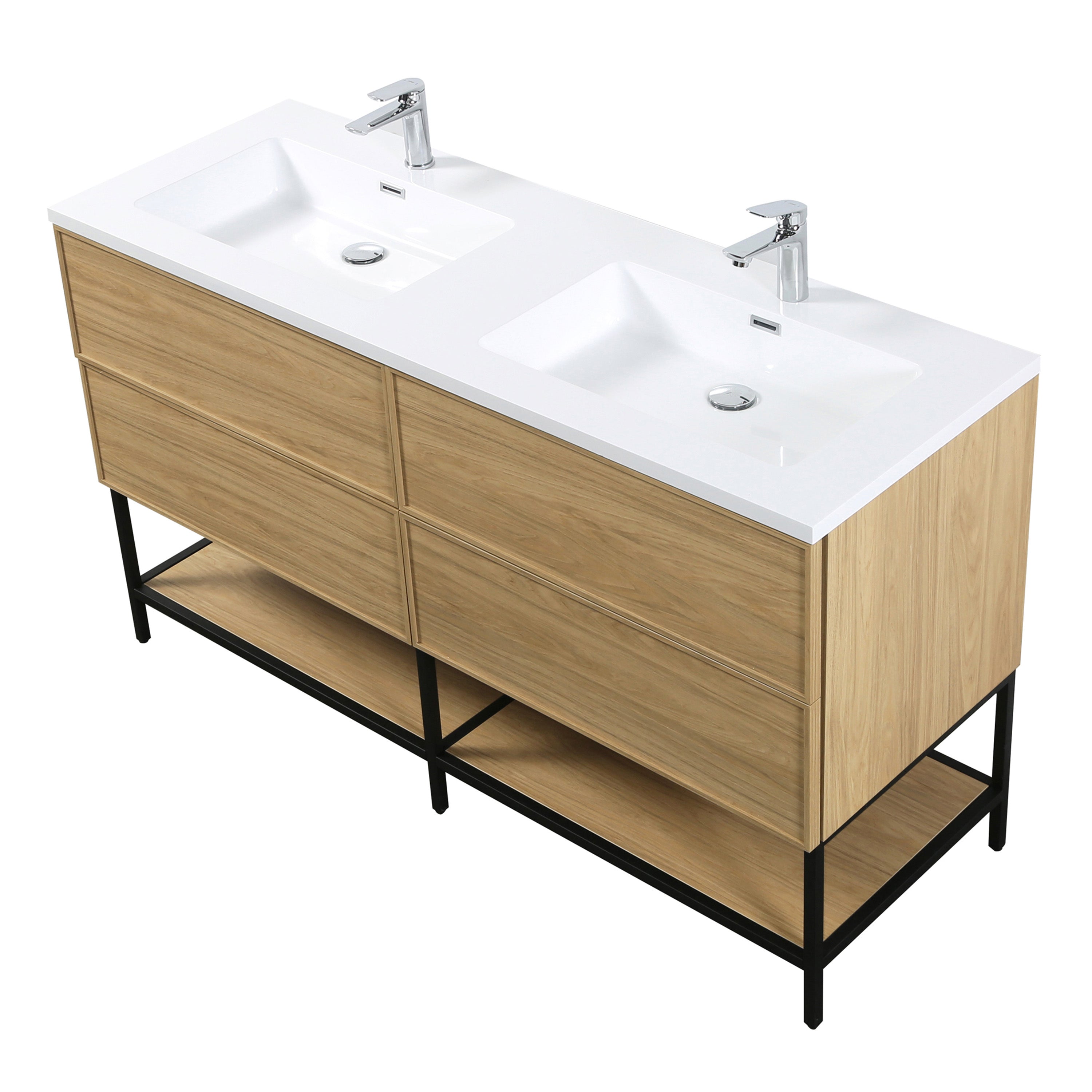 60" Sunset Walnut Wall Mount Double Sink Bathroom Vanity with White Polymarble Countertop