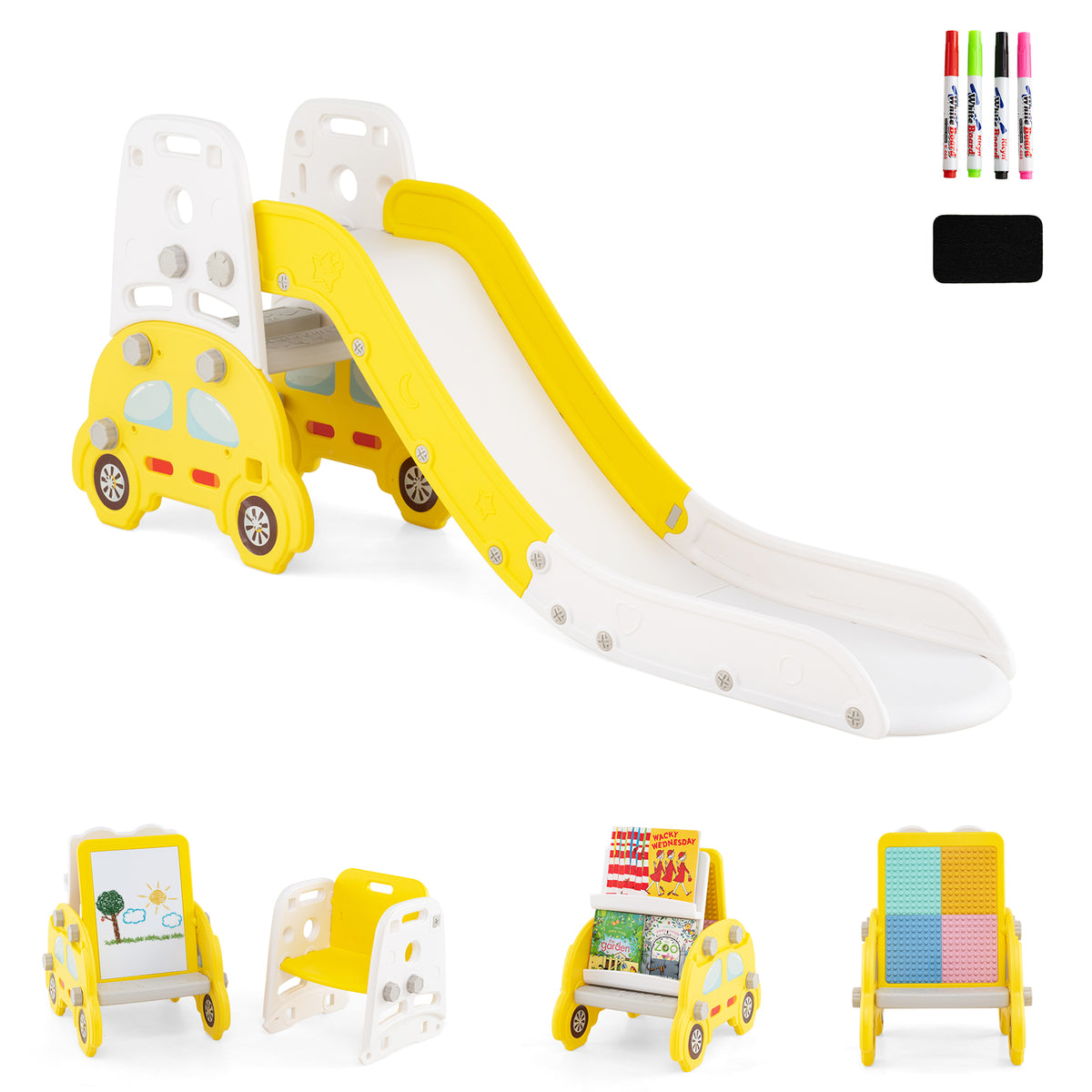 Ensemble de jeu 5-en-1 pour tout-petits avec toboggan et structure d’escalade, chevalet artistique et tabouret