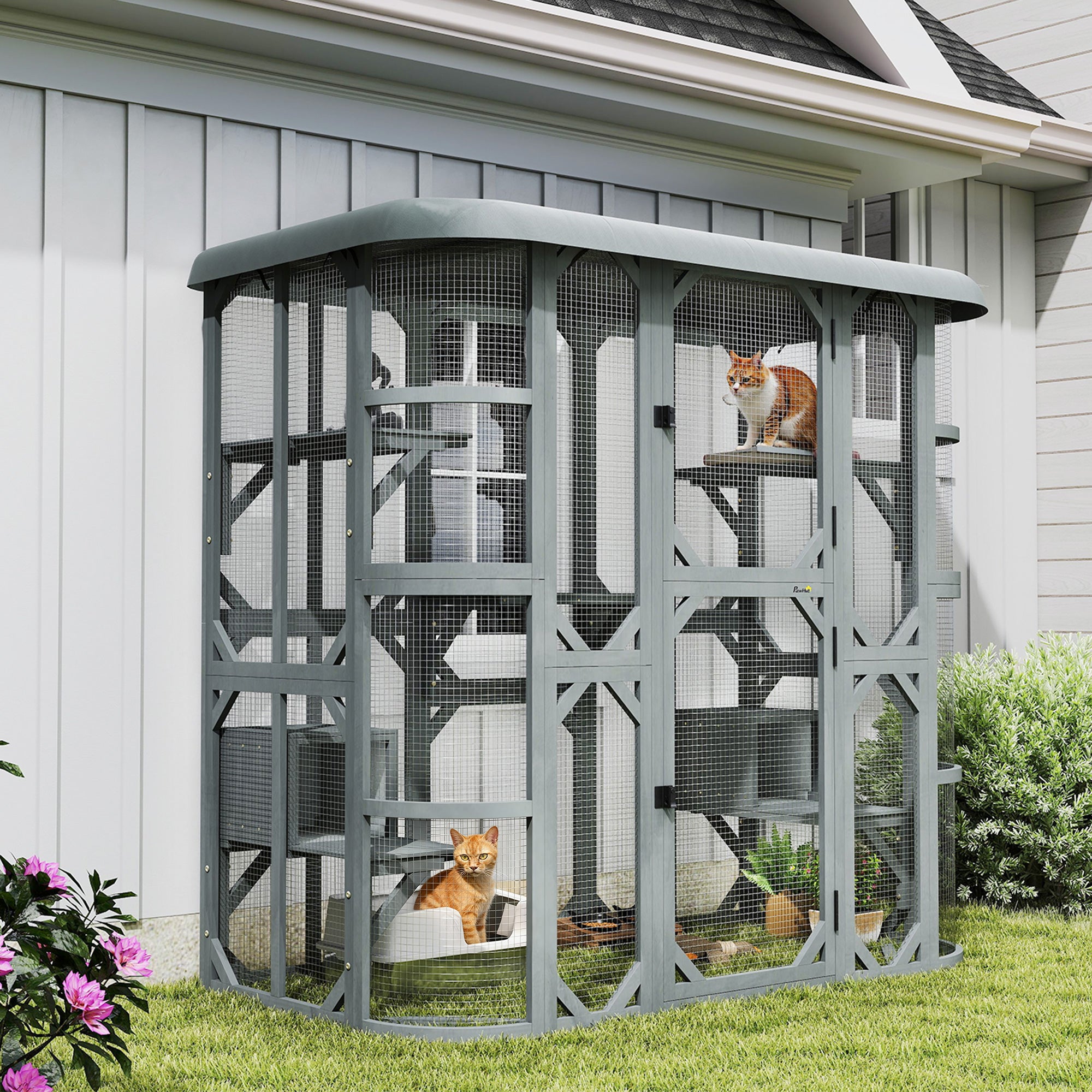 Catio Outdoor Cat Enclosure, 71" Wooden Cat House with Platforms, Condos and Waterproof Cover for 2–3 Kittens, Grey