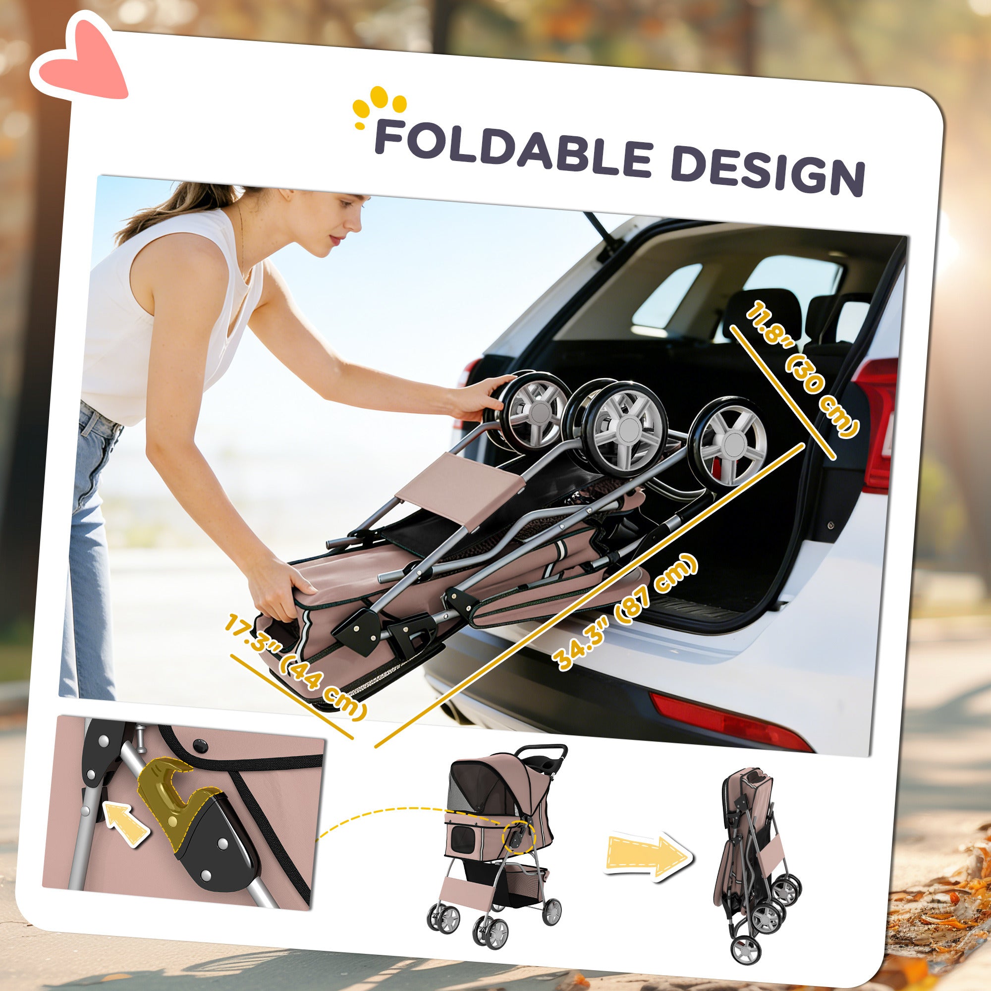 Pet Stroller for Dogs & Cats, Foldable Dog Stroller with Wheels, Reflective Strips, Brake, Pad and Basket, Coffee