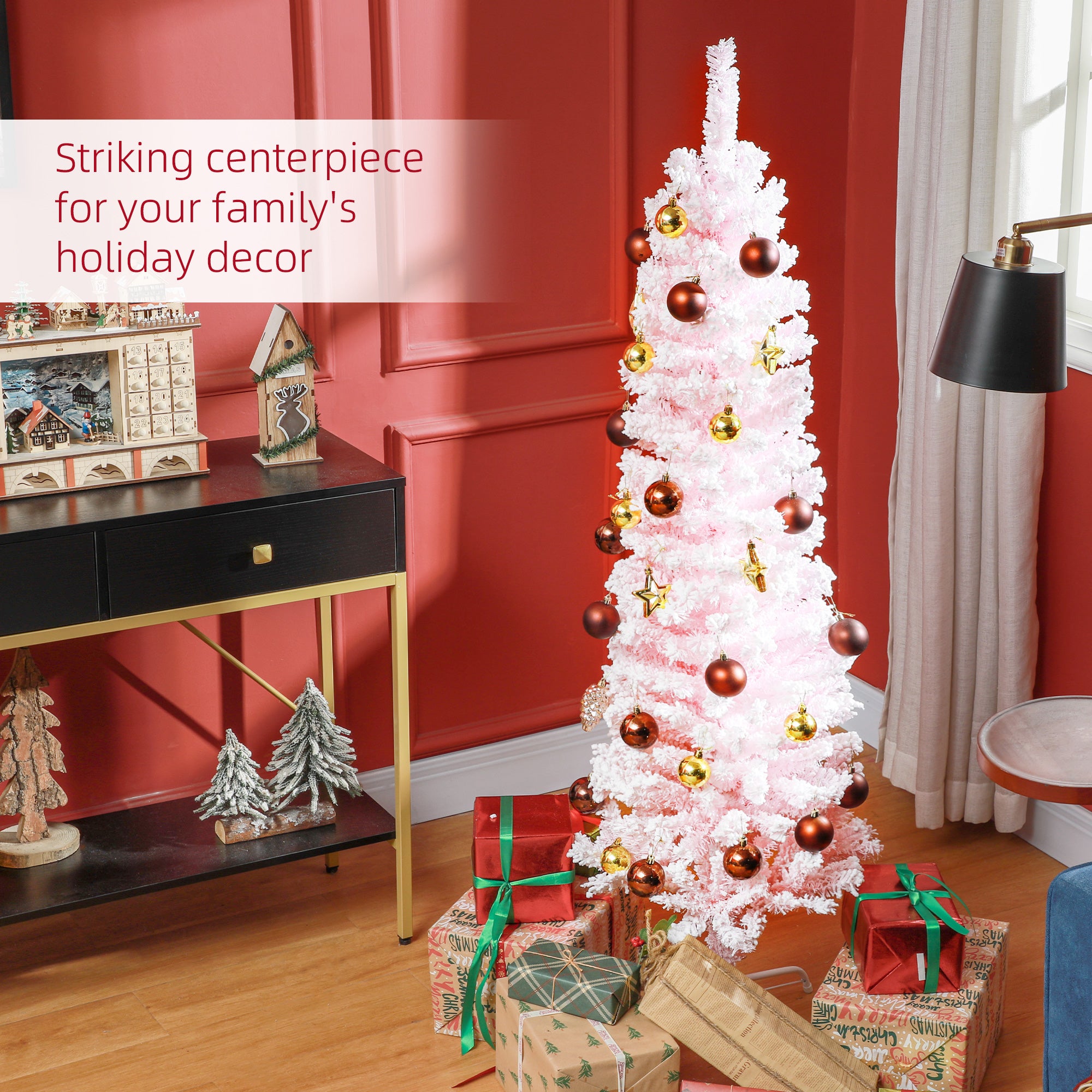 5ft Flocked Pencil Christmas Tree - Pink Realistic Tips-Home Furnishings > Holiday & Seasonal > Christmas Trees > Pencil Christmas Trees-DECOROLALA