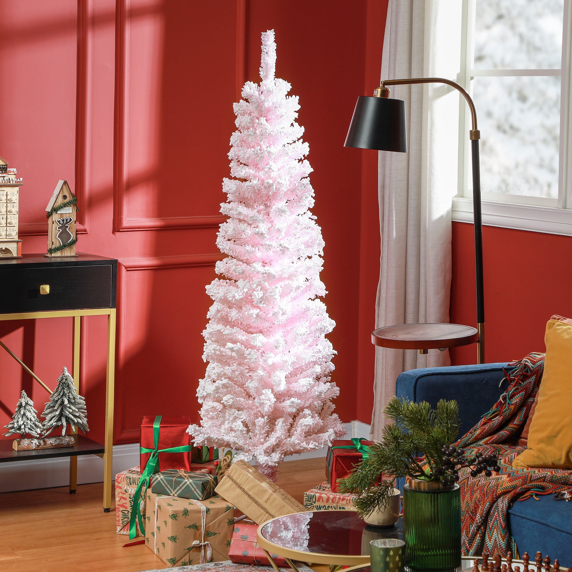 5ft Flocked Pencil Christmas Tree - Pink Realistic Tips-Home Furnishings > Holiday & Seasonal > Christmas Trees > Pencil Christmas Trees-DECOROLALA