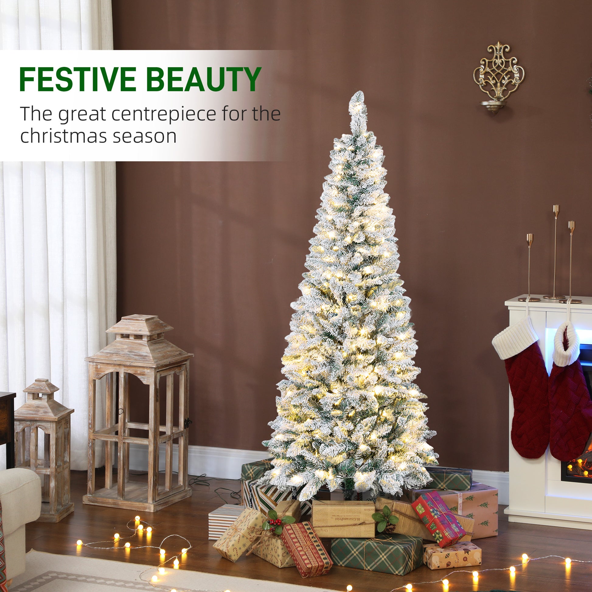 5ft Flocked Pencil Christmas Tree - Pre-lit Dual Color LED-Home Furnishings > Holiday & Seasonal > Christmas Trees > Flocked Christmas Trees-DECOROLALA