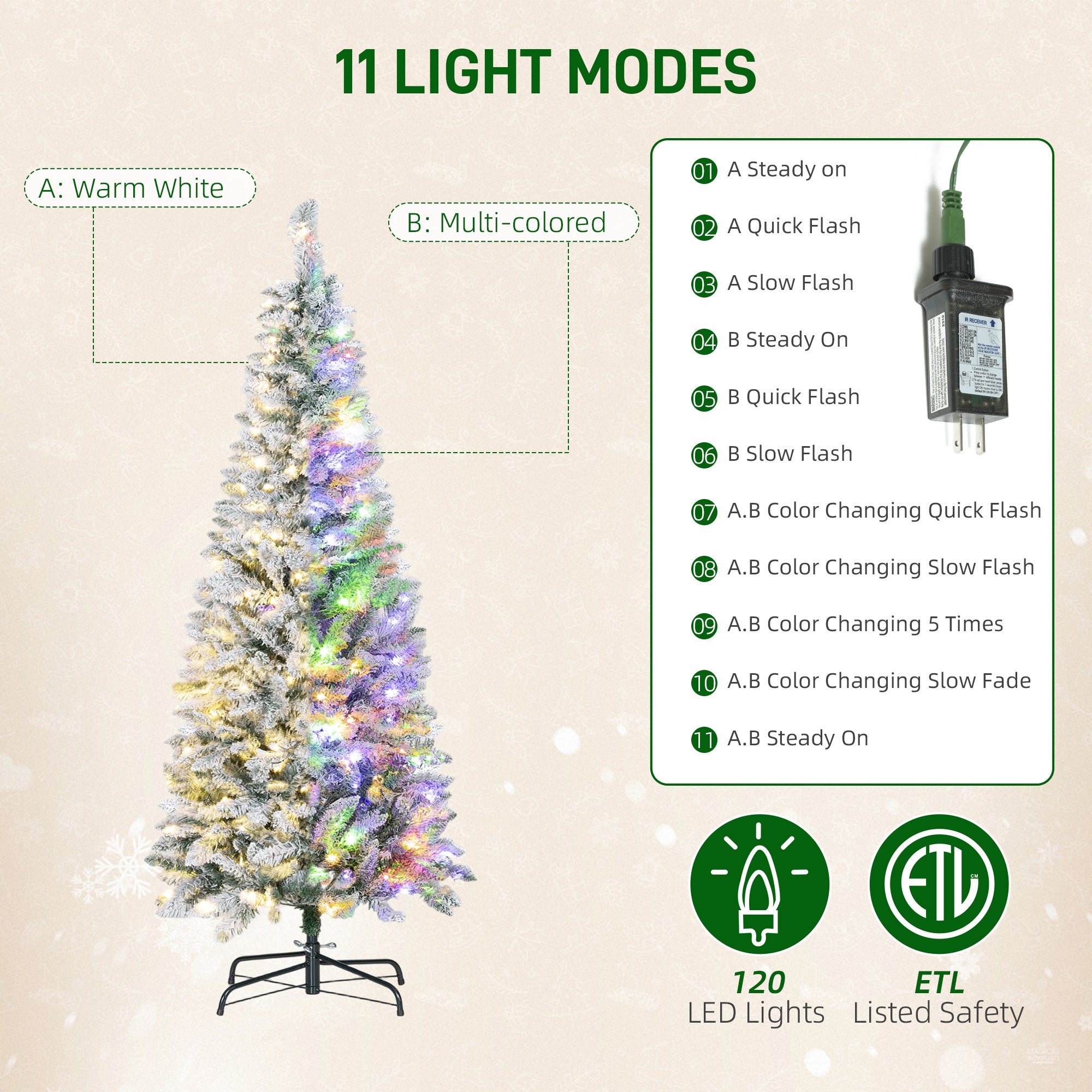 5ft Flocked Pencil Christmas Tree - Pre-lit Dual Color LED-Home Furnishings > Holiday & Seasonal > Christmas Trees > Flocked Christmas Trees-DECOROLALA