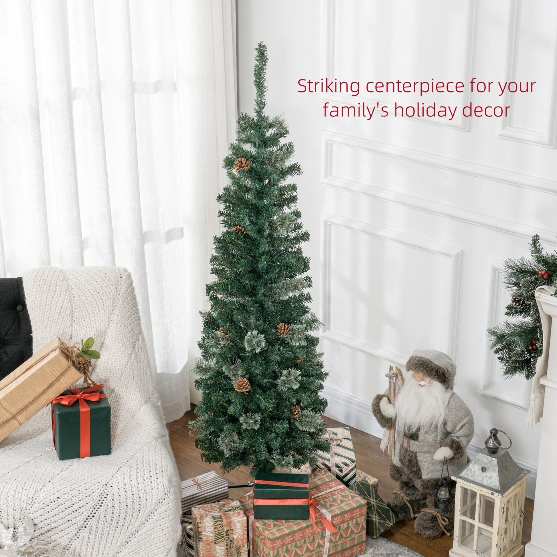 5ft Pencil Christmas Tree with Pine Cones - Green-Home Furnishings > Holiday & Seasonal > Christmas Trees > Pencil Christmas Trees-DECOROLALA