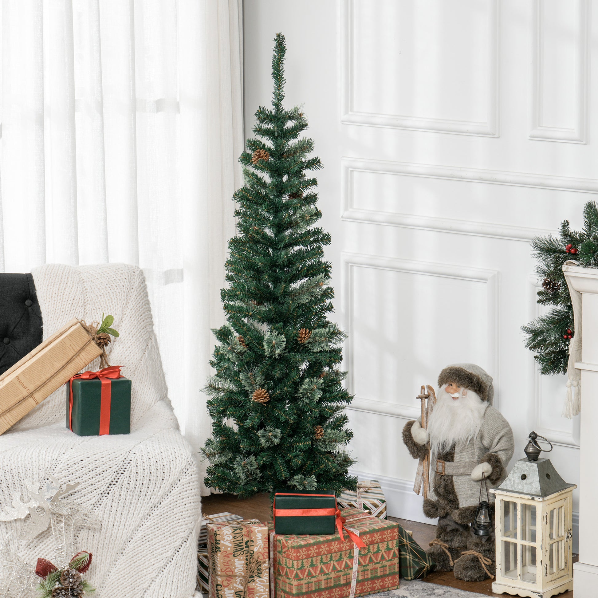 5ft Pencil Christmas Tree with Pine Cones - Green-Home Furnishings > Holiday & Seasonal > Christmas Trees > Pencil Christmas Trees-DECOROLALA