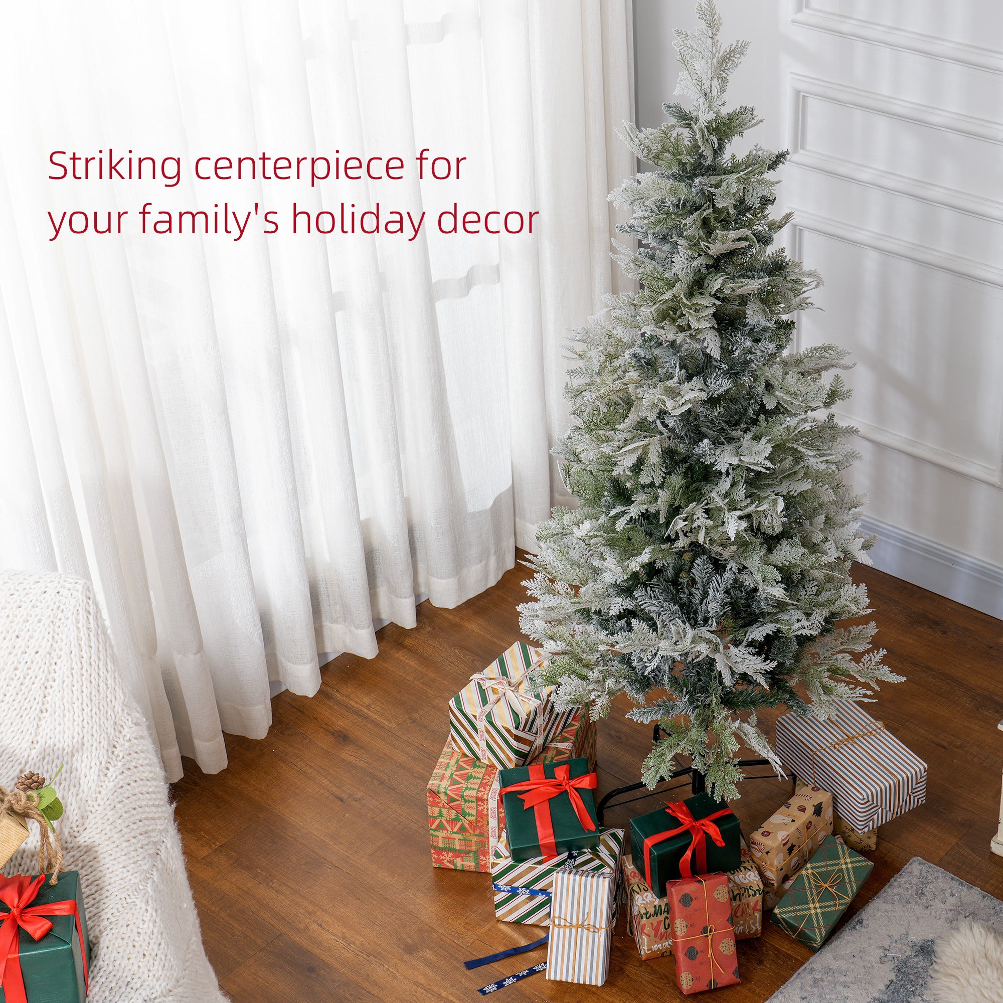 5ft Pencil Snow Flocked Artificial Christmas Tree - Green-Home Furnishings > Holiday & Seasonal > Christmas Trees > Pencil Christmas Trees-DECOROLALA