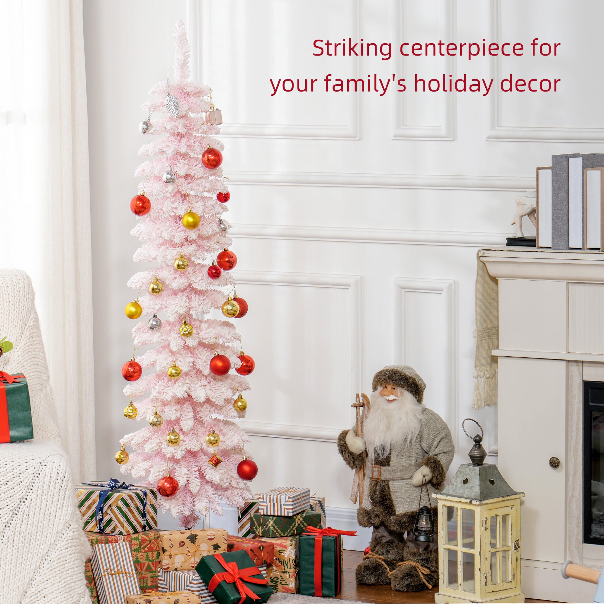 5ft Pink Snow-Flocked Slim Pencil Christmas Tree-Home Furnishings > Holiday & Seasonal > Christmas Trees > Pencil Christmas Trees-DECOROLALA