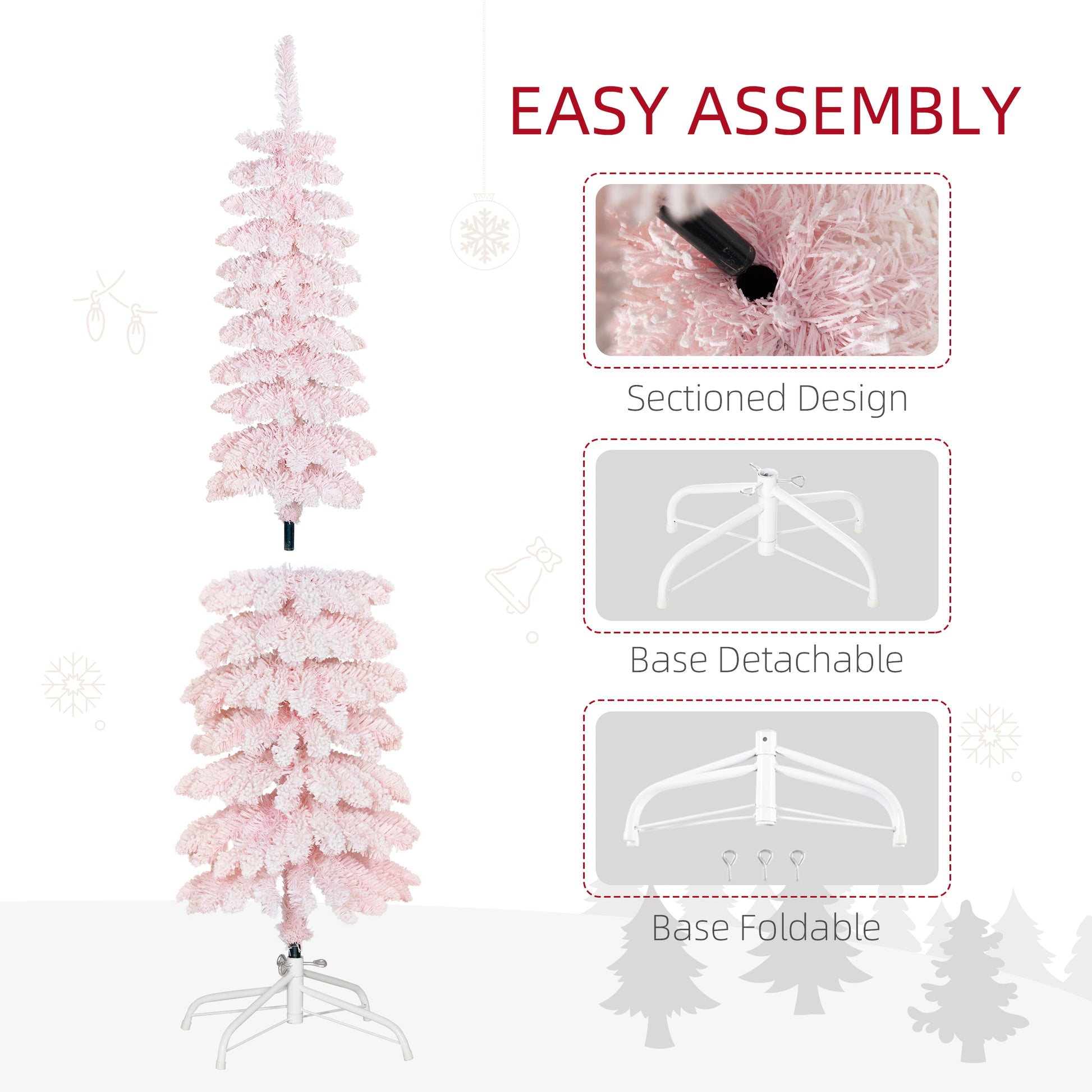 5ft Pink Snow-Flocked Slim Pencil Christmas Tree-Home Furnishings > Holiday & Seasonal > Christmas Trees > Pencil Christmas Trees-DECOROLALA