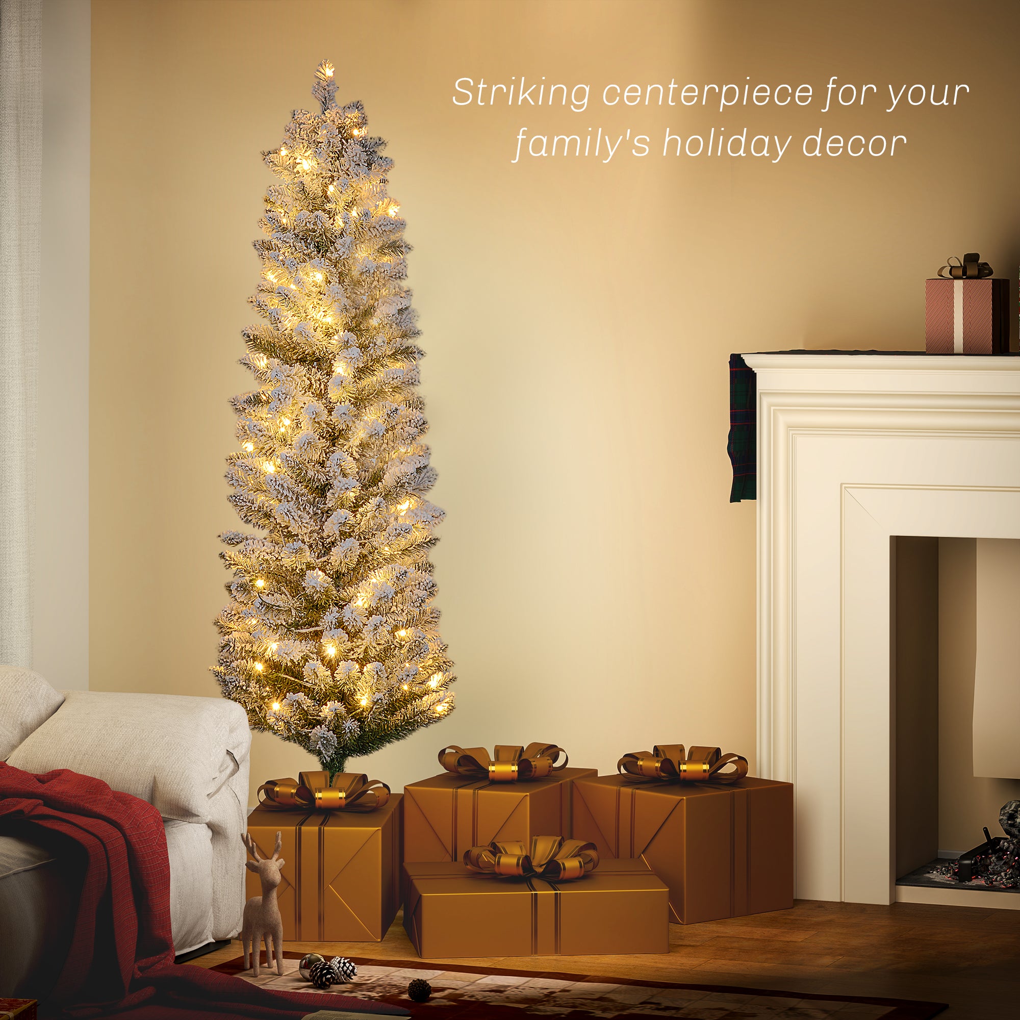 5ft Prelit Pencil Christmas Tree - Snow Flocked 120 LED-Home Furnishings > Holiday & Seasonal > Christmas Trees > Pre Lit Christmas Trees-DECOROLALA