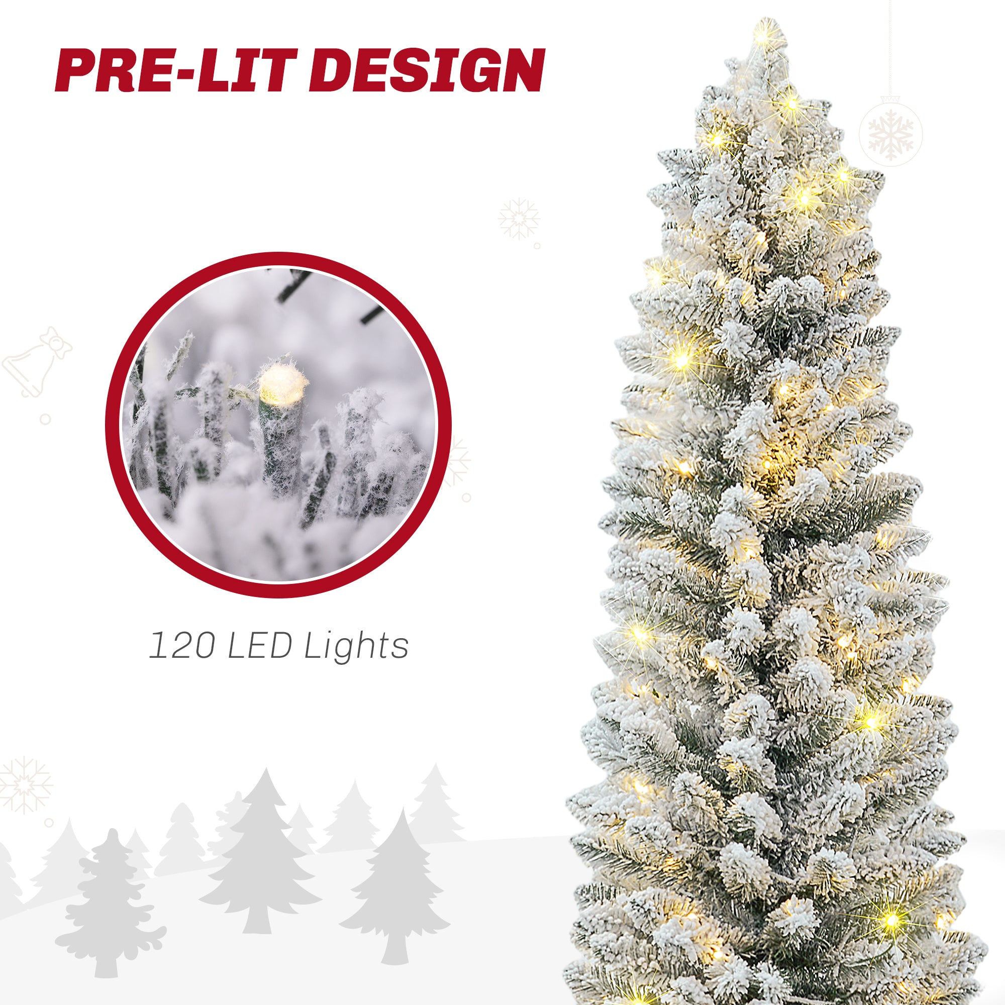 5ft Prelit Pencil Christmas Tree - Snow Flocked 120 LED-Home Furnishings > Holiday & Seasonal > Christmas Trees > Pre Lit Christmas Trees-DECOROLALA