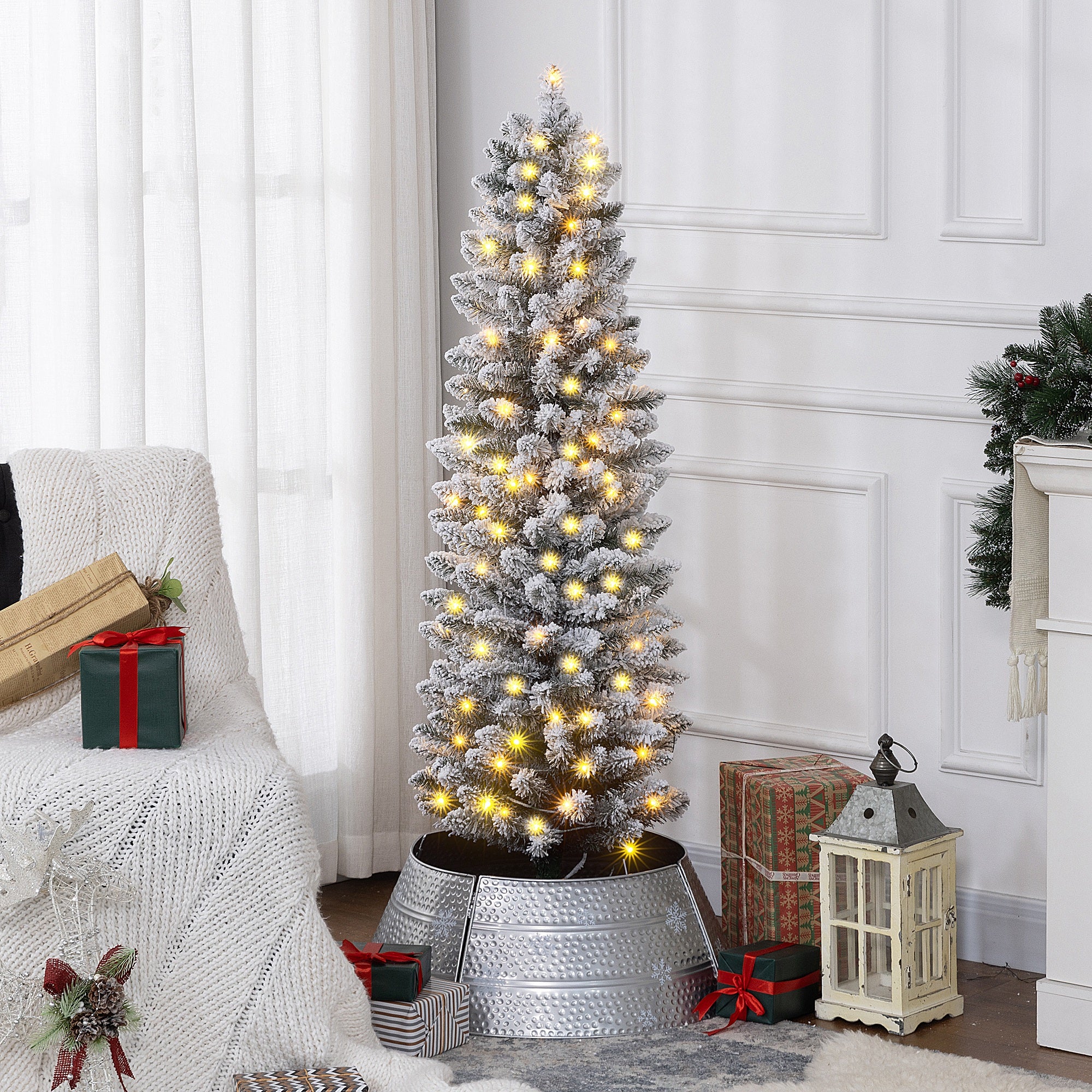 5ft Prelit Pencil Christmas Tree - Snow Flocked 120 LED-Home Furnishings > Holiday & Seasonal > Christmas Trees > Pre Lit Christmas Trees-DECOROLALA