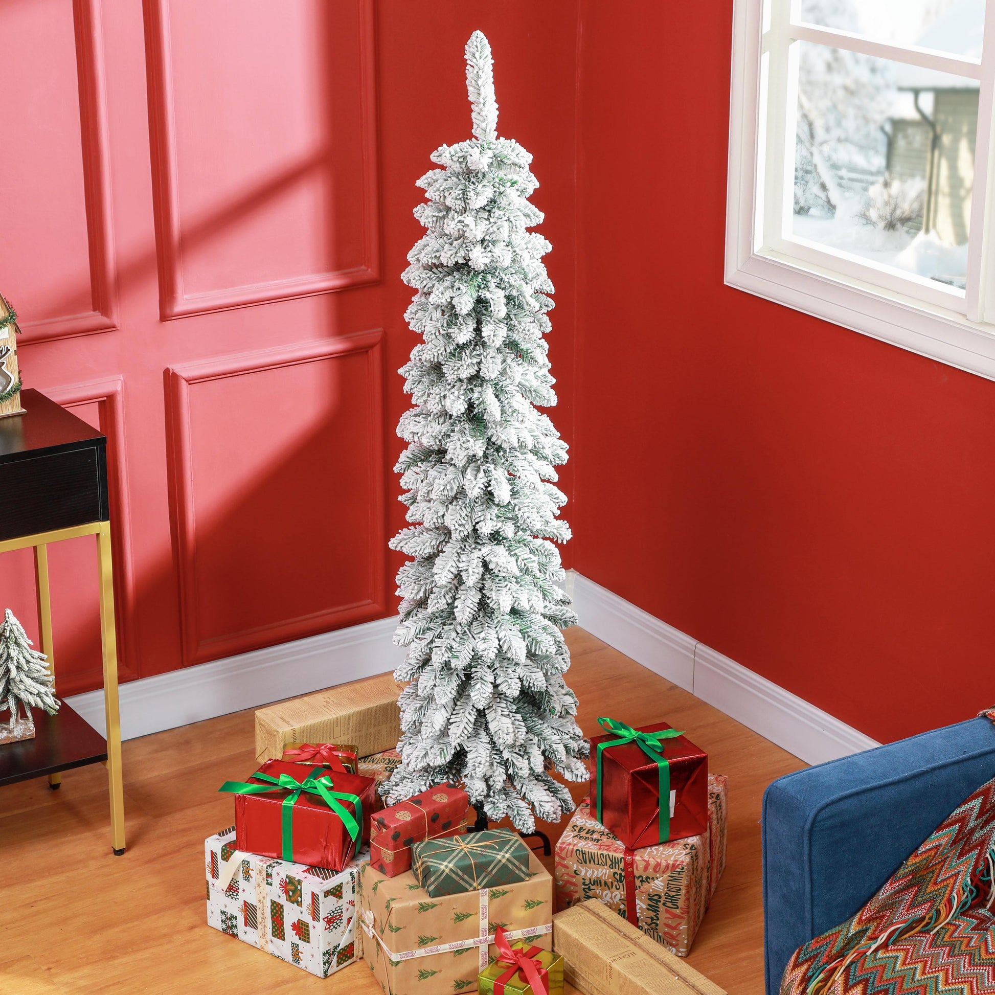 5ft Snow-Flocked Slim Pencil Artificial Christmas Tree-Home Furnishings > Holiday & Seasonal > Christmas Trees > Pencil Christmas Trees-DECOROLALA
