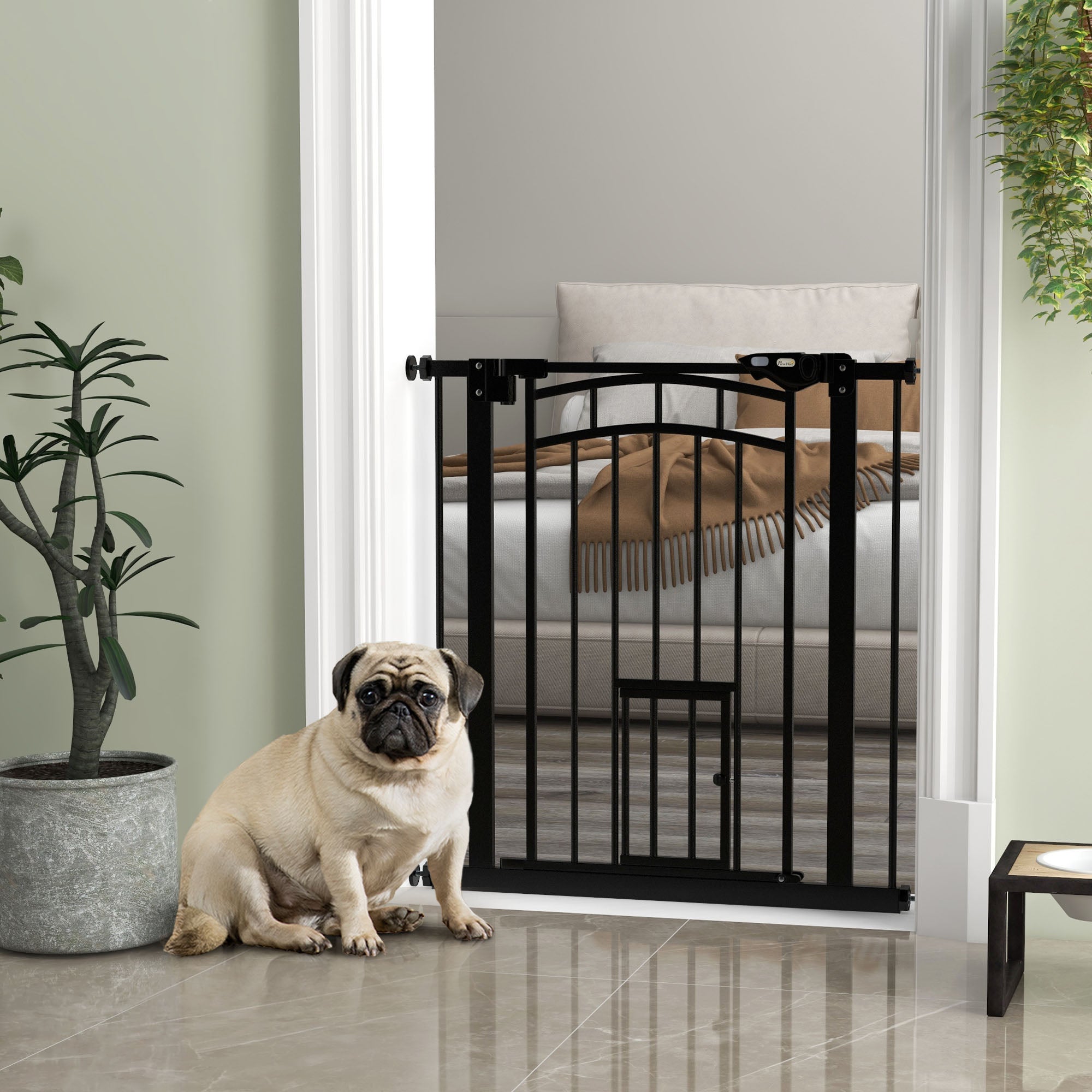 Auto-Close Pet Gate, Stair Gate with Cat Door, Double Locking for Doorways Hallways Stairs, Fits 29"-31.5" Wide, Black