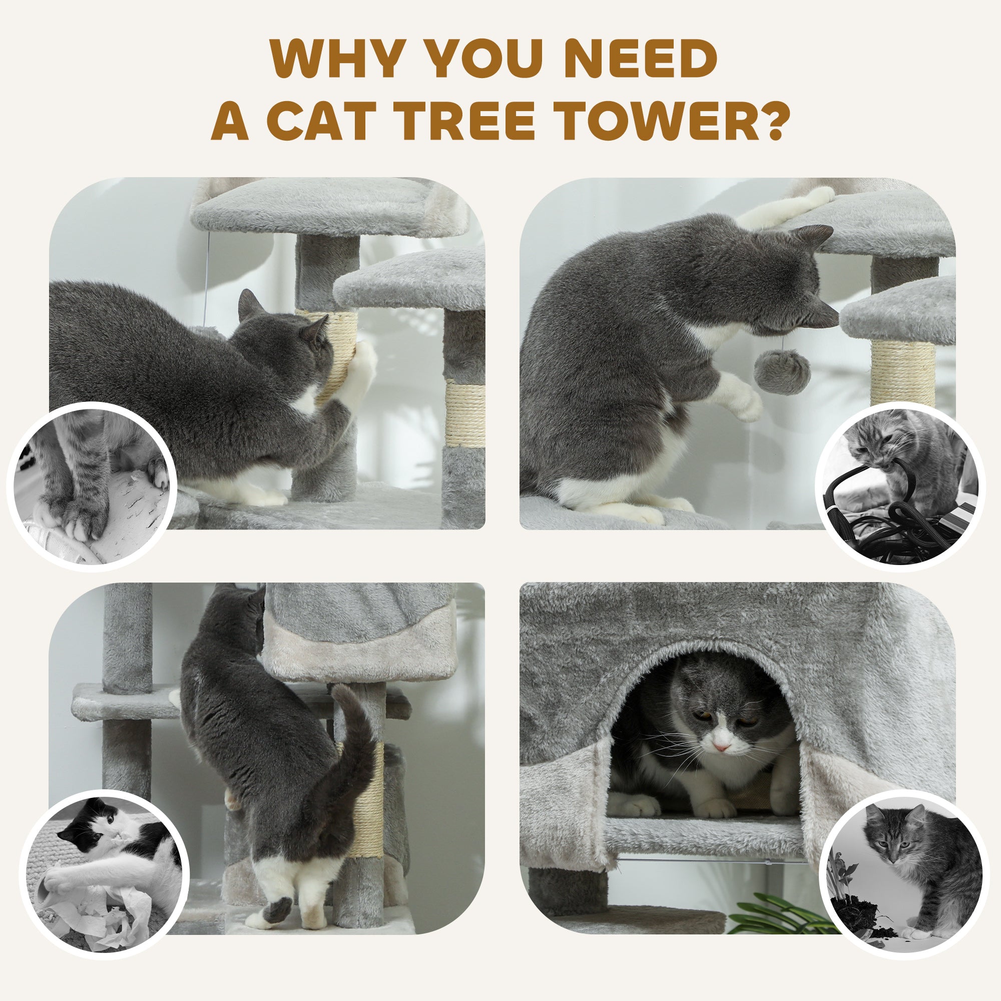 53" Cat Tree Scratching Large Kitten Play House Multi-Level Activity Center Pet Furniture, Grey